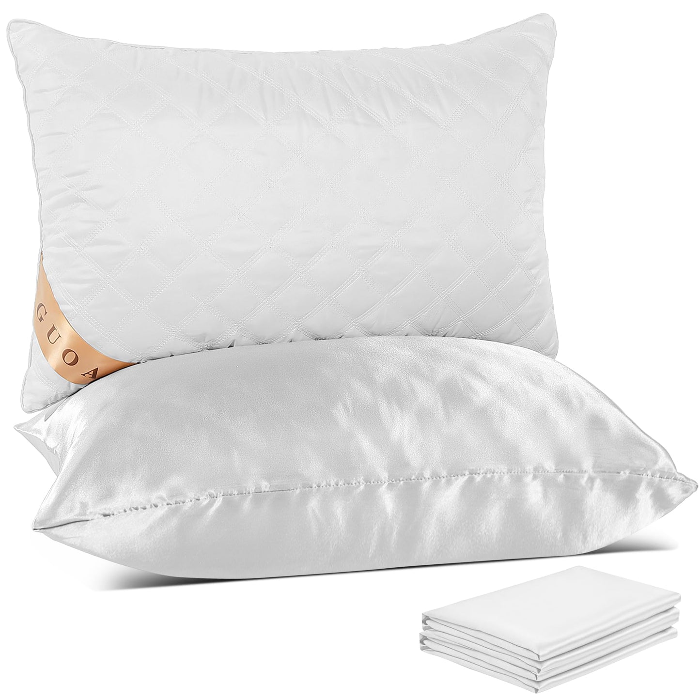 GUOAN Bed Pillows Include 2 Silk Pillowcases Queen King Size, Set of 2, Cooling Hotel Pillow Quality, for Back, Stomach or Side Sleepers (Queen, White)