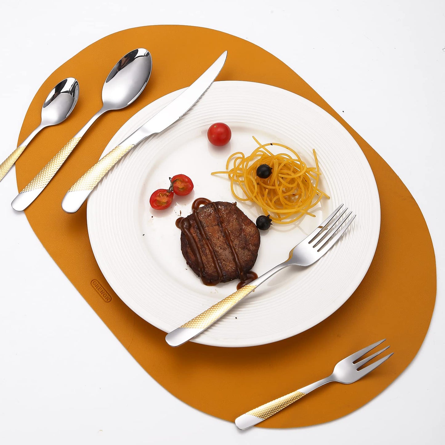 A·HOUSEWARE Hammered Silverware Set Gold and Silver 20 Pieces Stainless Steel Cutlery Flatware Sets for 4 Forks Spoons with Patten Handle Dishwasher Safe Heavy Duty