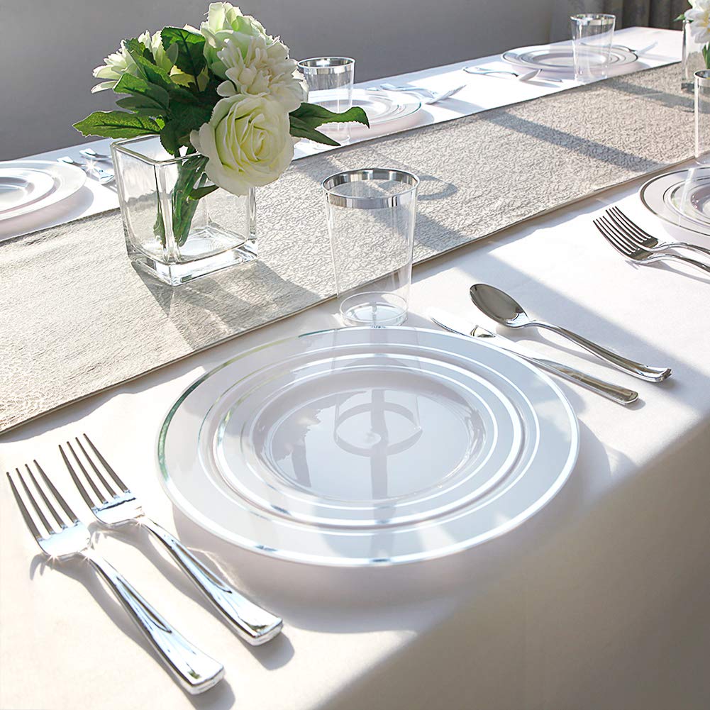 I00000 300 Pieces Silver Plastic Plates with Disposable Silverware, Fancy Tableware Sets include 60 Dinner Plates 10.25", 60 Salad Plates 7.5", 60 Forks, 60 Knives and 60 Spoons Serve for 60 Guest
