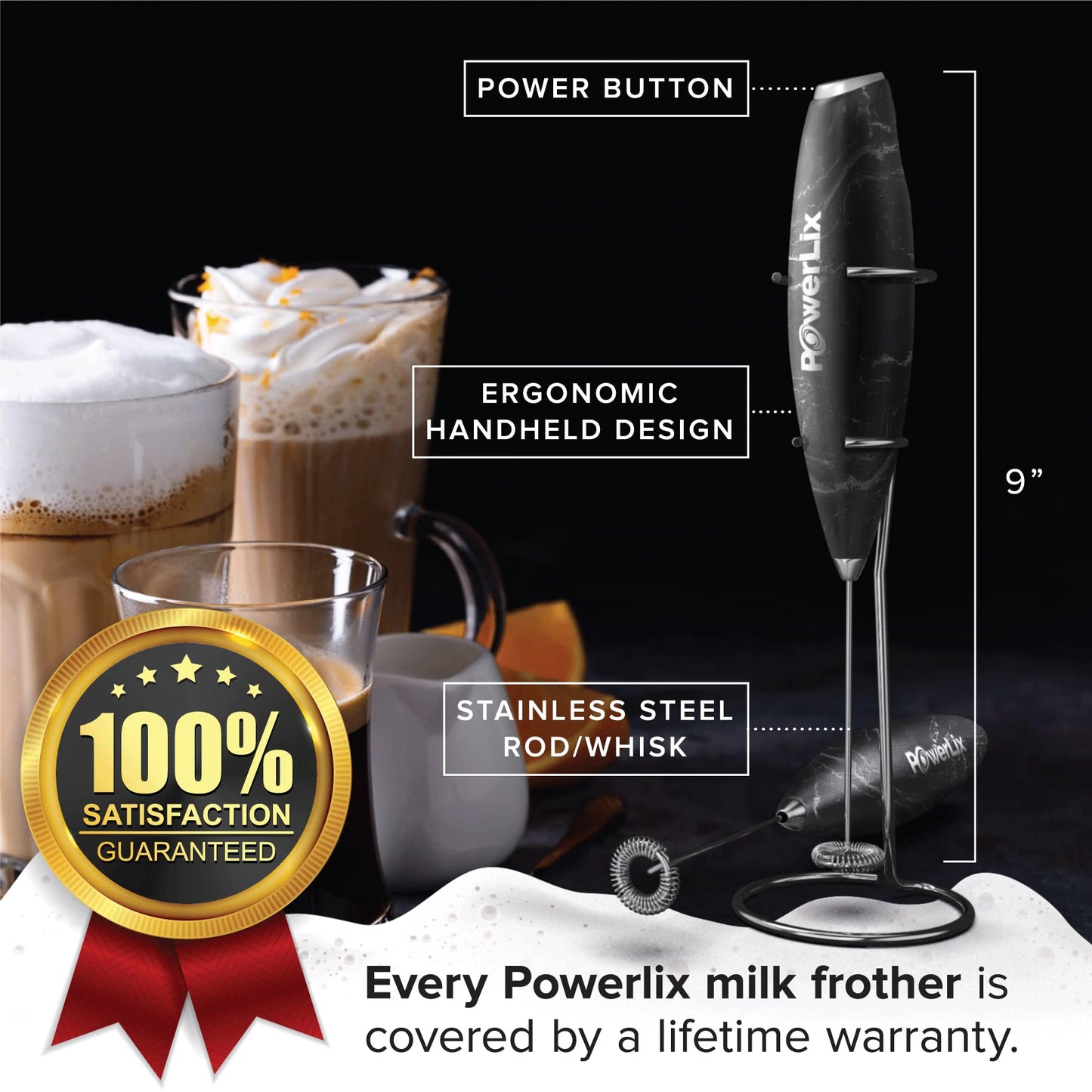 PowerLix Milk Frother Handheld Battery Operated Electric Whisk Foam Maker For Coffee, Latte, Cappuccino, Hot Chocolate, Durable Mini Drink Mixer With Stainless Steel Stand Included (Black Marble)
