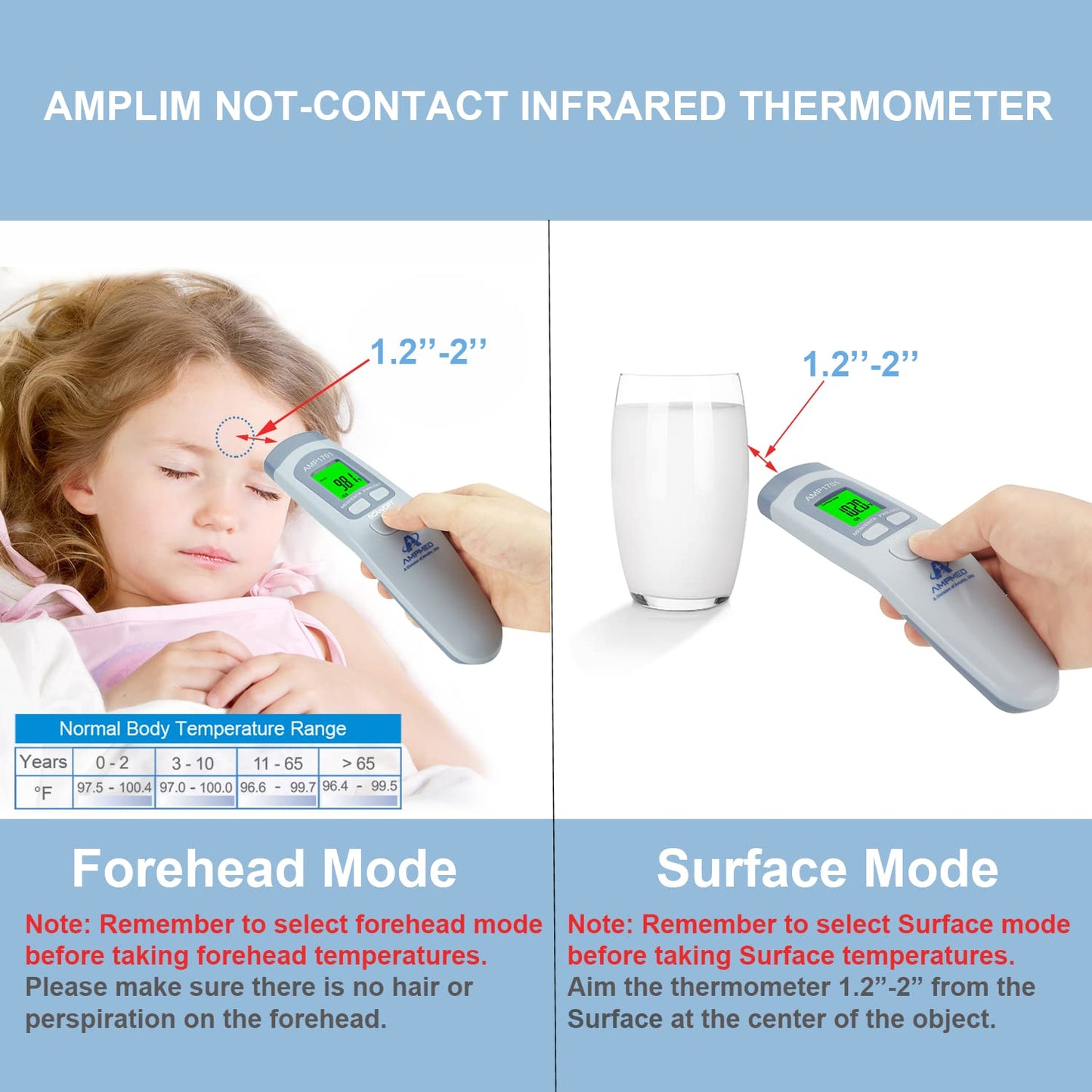 Amplim Non-Contact Forehead Thermometer for Kids and Adults - Touchless Fever Thermometer with Temporal Head Function – AmpMed No-Touch Digital Baby Thermometer for Accurate Temperature Reading