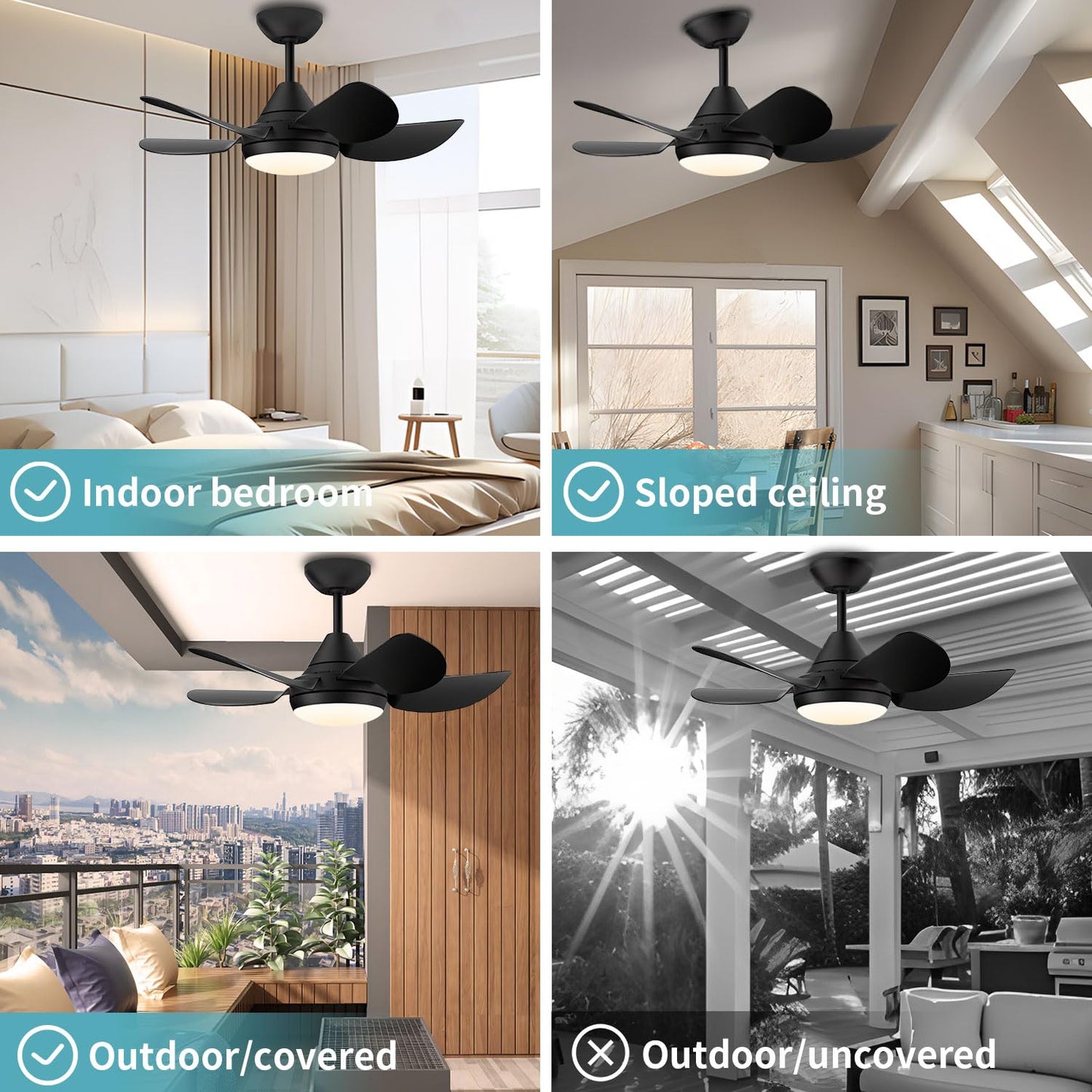 CJOY Small Ceiling Fan with Light, 30 Inch Black Modern Ceiling Fans with Lights and Remote, LED Dimmable & Memory Function, 5 Reversible Blades Fan Light for Bedroom/Kitchen/Small Space