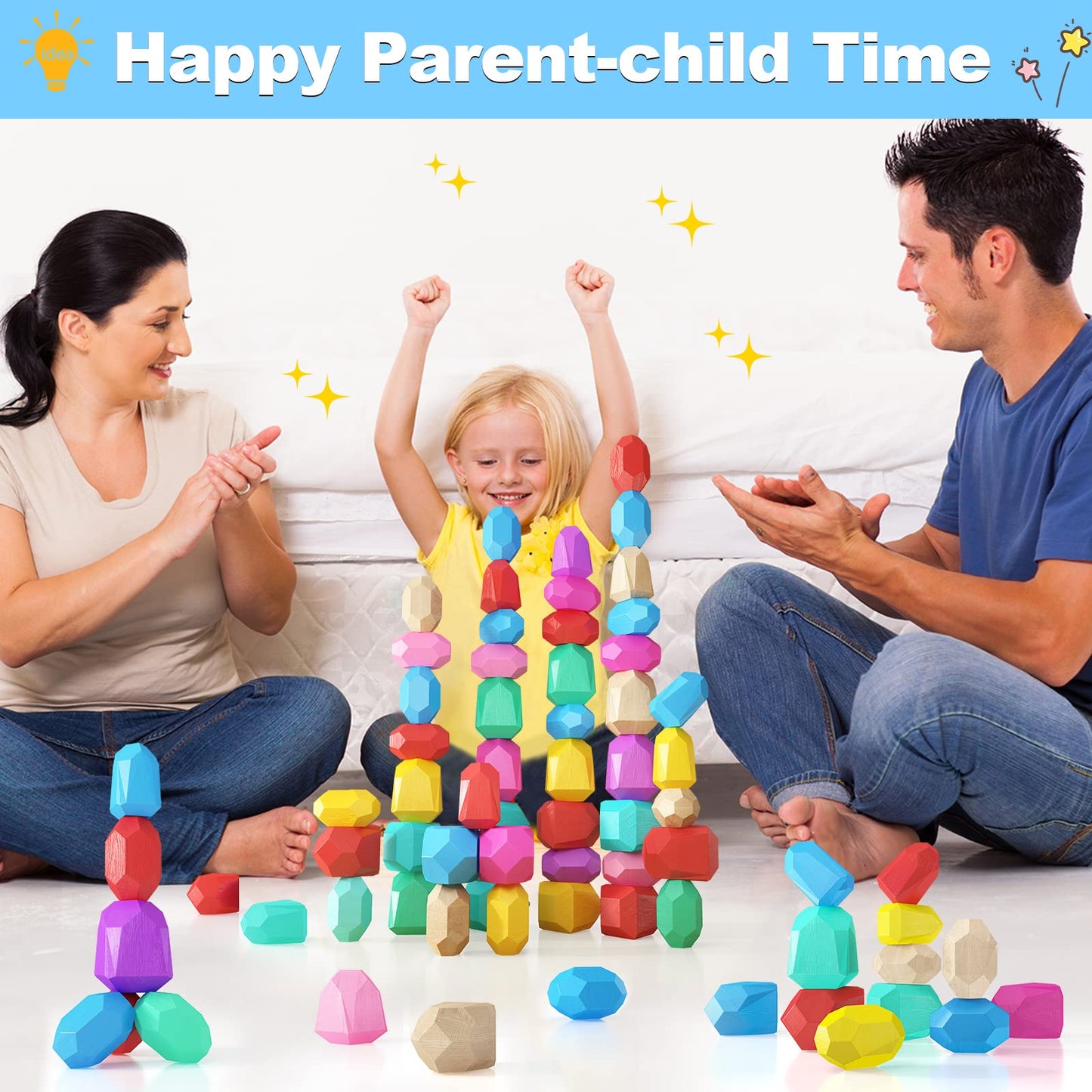 IGIVI Montessori Toys Rainbow Wooden Stacking Rock Set - 42 Natural Wood Blocks - Early Learning Sensory Toys for Toddlers - Birthday Gifts Toys for 2-4 Year Old Boys & Girls