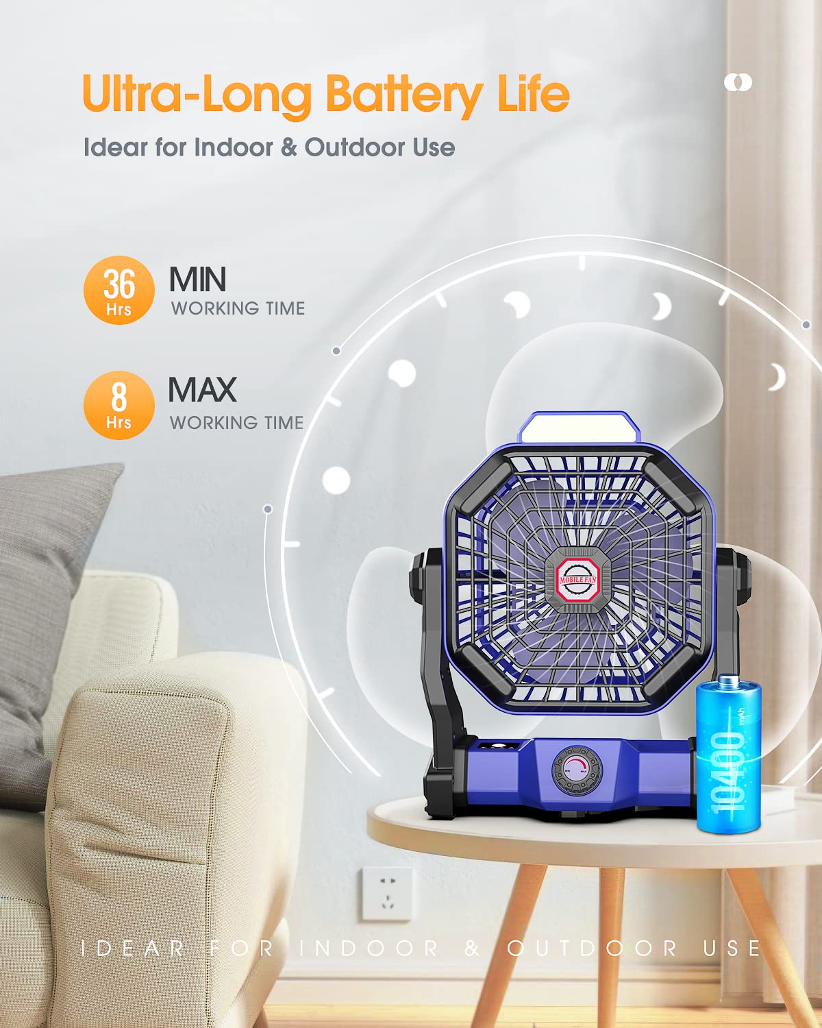 Drchop Portable Fan Rechargeable, 10400mAh Battery Operated Powered Fan, Outdoor Camping Fan with Light & Hook, tent fan, Personal USB Desk Fan for Bedroom, Table, Home, Office, Tent, Travel