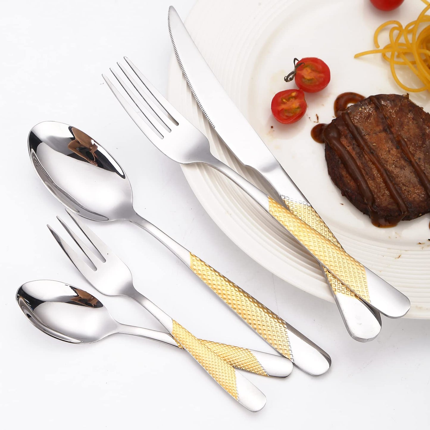 A·HOUSEWARE Hammered Silverware Set Gold and Silver 20 Pieces Stainless Steel Cutlery Flatware Sets for 4 Forks Spoons with Patten Handle Dishwasher Safe Heavy Duty