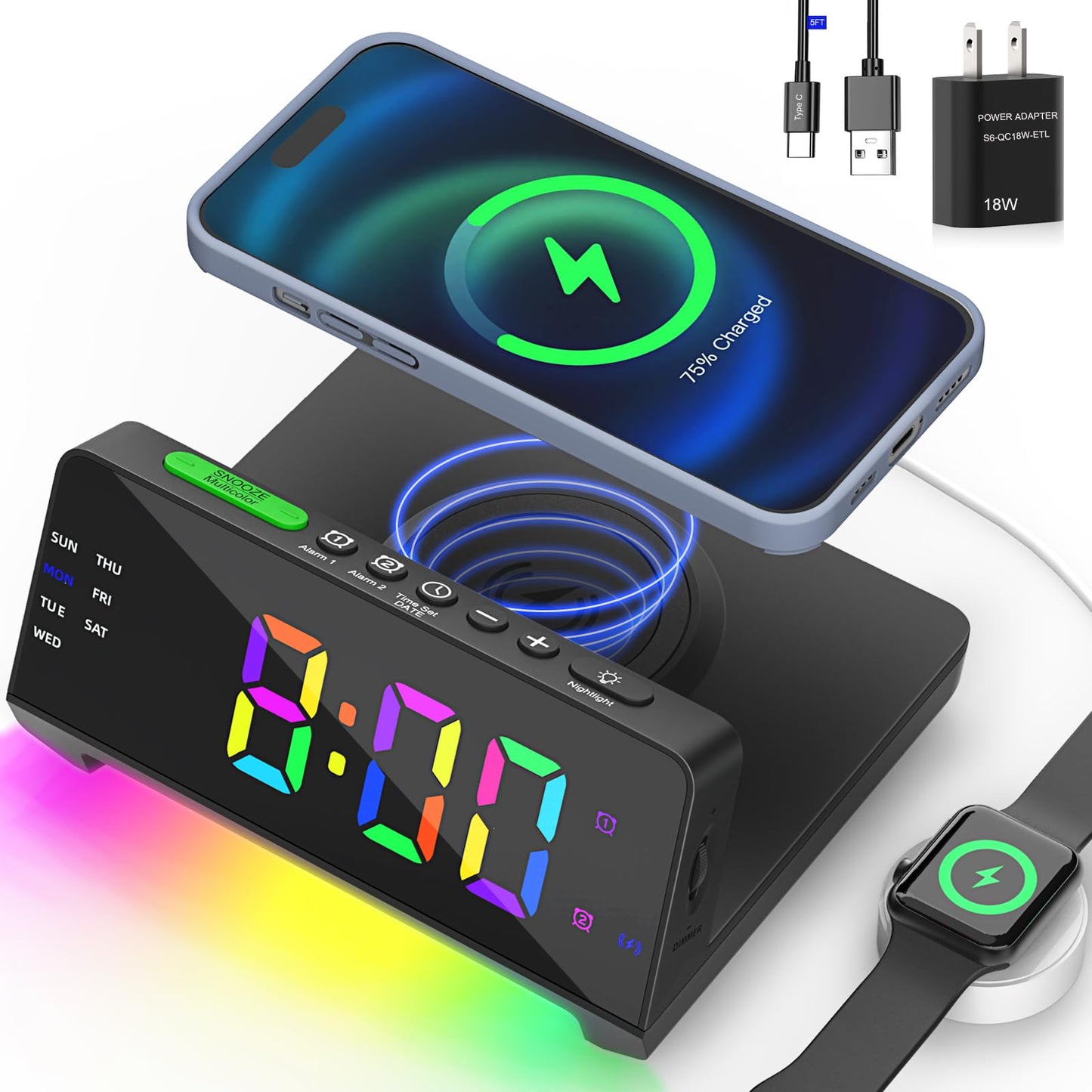 Night Light Alarm Clock With Wireless Charging Station