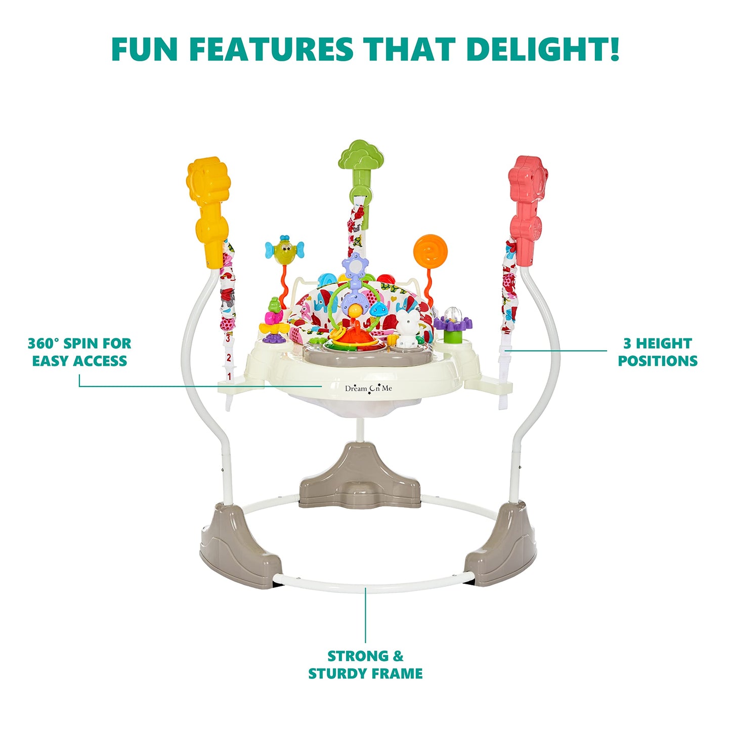 Dream On Me Zany 2-in-1 Baby Activity Center and Bouncer in Elephant Print, Sturdy and Strong Frame, 3 Height Positions, 360° Rotating Seat, 12 Songs with Flash Lights