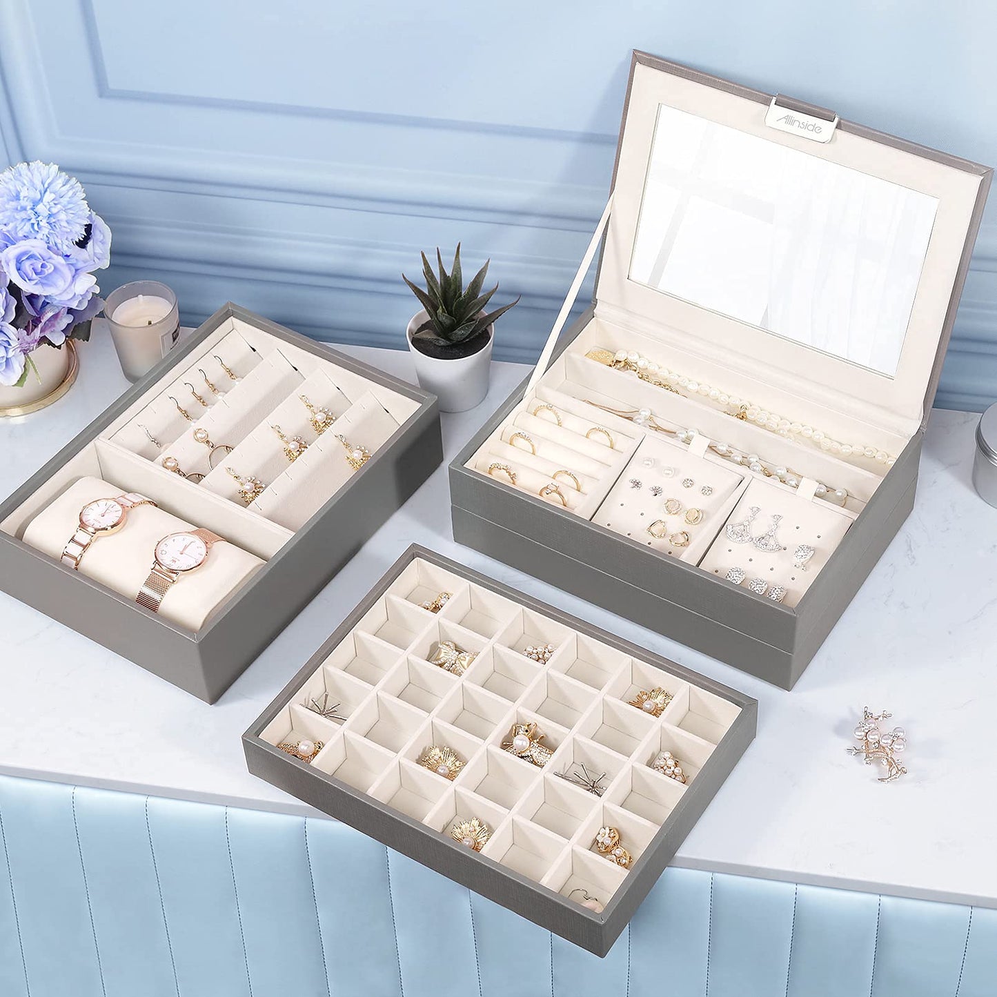 Allinside Stackable Jewelry Tray Box Sets Organizer with Mirror Lid, PU Leather Jewelry Storage Display Case for Drawer Dresser, Jewelry Holder Trays for Earring Ring Necklace Watch, Set of 4, Gray