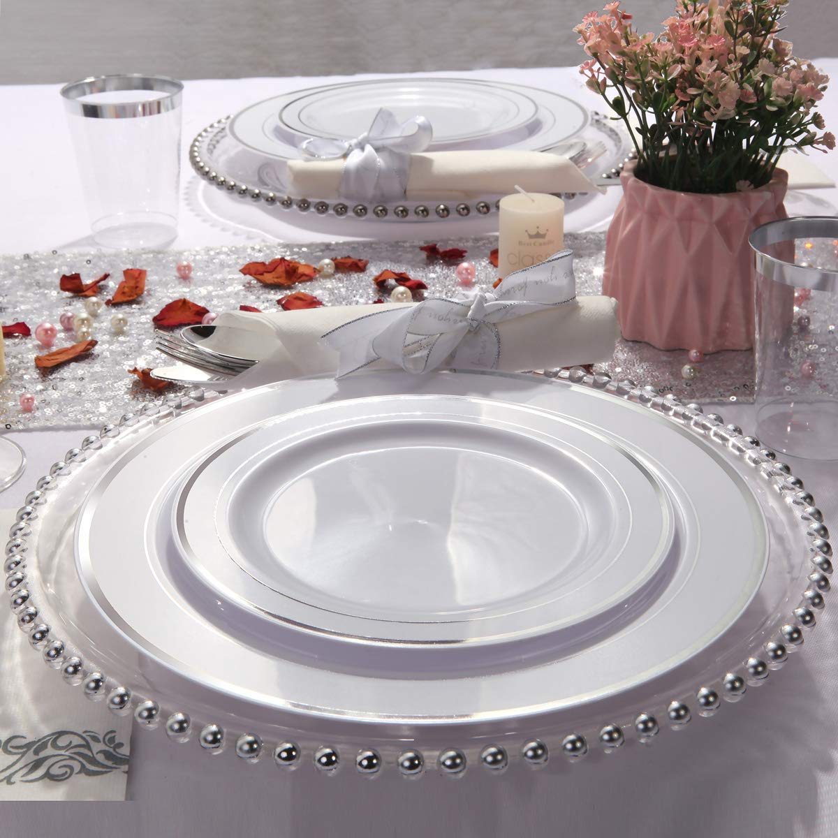 I00000 300 Pieces Silver Plastic Plates with Disposable Silverware, Fancy Tableware Sets include 60 Dinner Plates 10.25", 60 Salad Plates 7.5", 60 Forks, 60 Knives and 60 Spoons Serve for 60 Guest