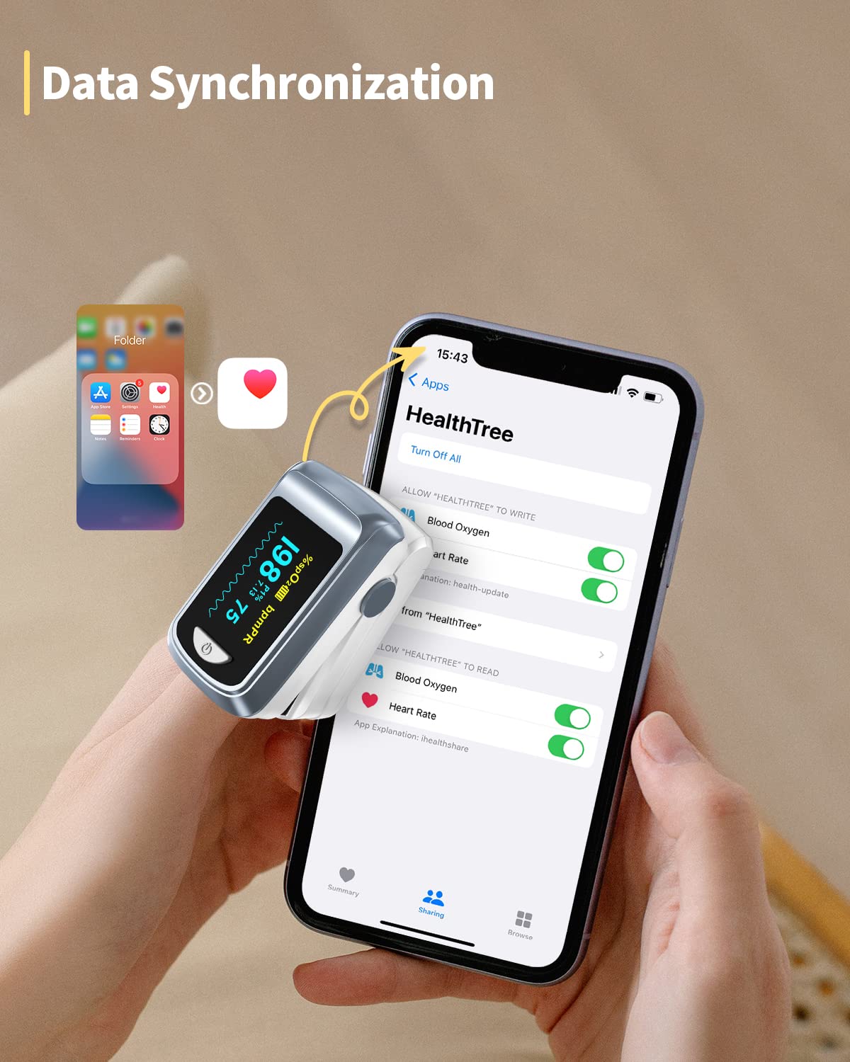 HealthTree Bluetooth Pulse Oximeter Fingertip, Blood Oxygen Saturation Monitor and Heart Rate Monitor with Free APP, for Apple and Android, 2 X AAA Batteries, Lanyard