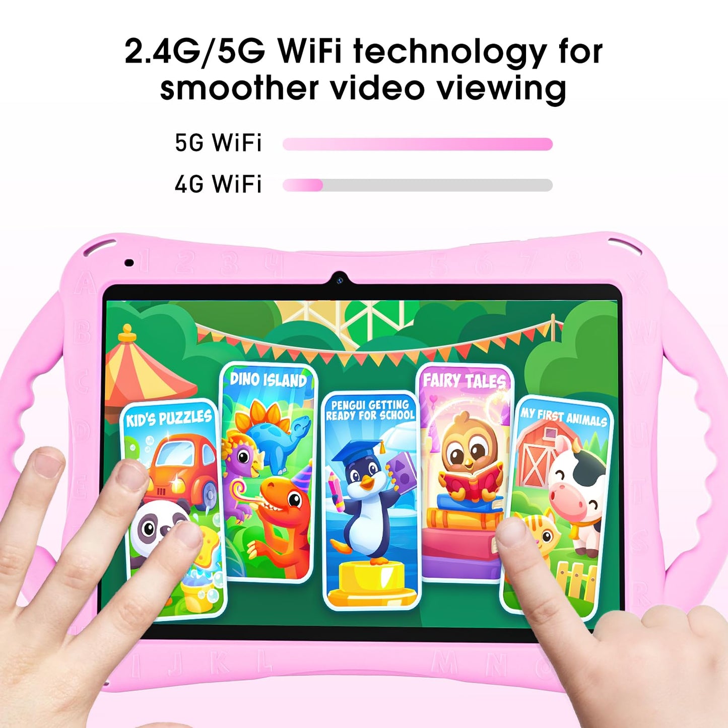 Naclud Tablet for Kids, 10 Inch Android 12 Kids Tablet with Kids Case, 2GB RAM 64GB ROM, 5000mAh, 1280 * 800 Display, Dual Camera, WiFi, Educational Games, Pink Handle Case
