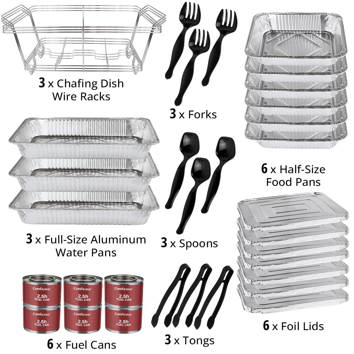 Disposable Chafing Dish Buffet Set, 33 Piece of Chafing Servers with Food Warmers, Covers, Half-Size Food Pans, Water Trays, Serving Utensils, Foil Lids and 2.5H Fuel Cans for Parties, Catering