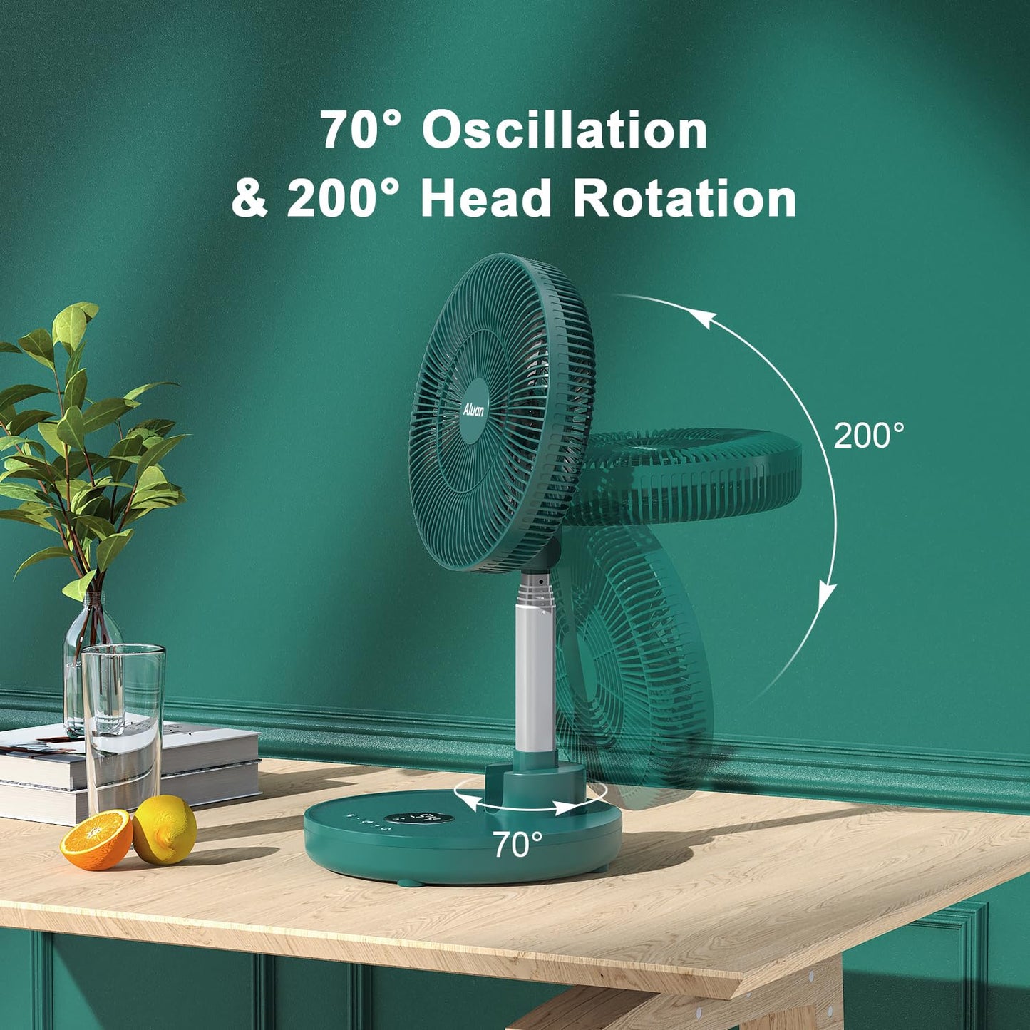 Aluan 12" Quiet Oscillating Fan with 12000mAh Rechargeable Battery, Foldaway Standing/Table Fan with Remote Control, 6 Speeds Portable Pedestal Fan with Adjustable Height for Home Travel, Dark Green