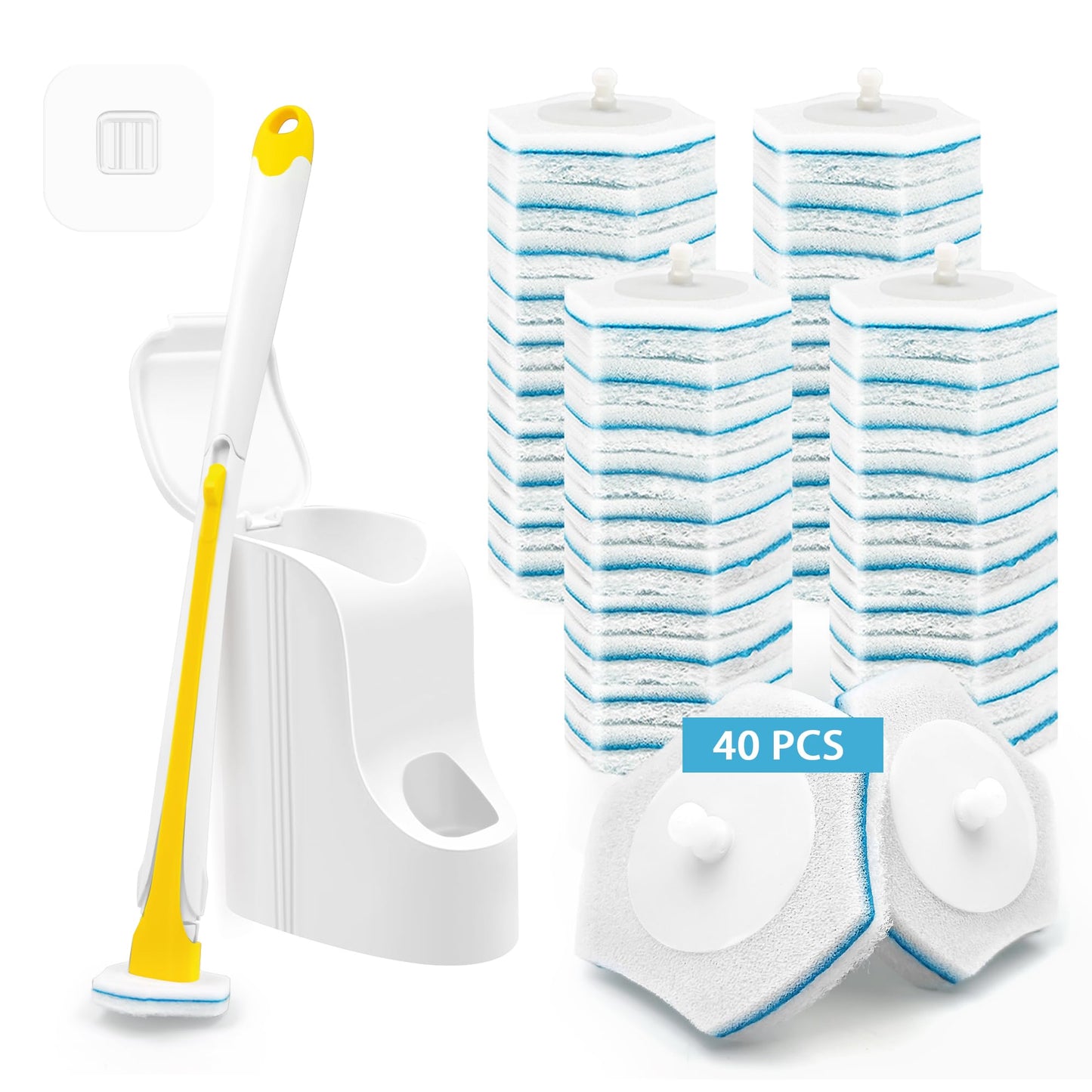JEHONN Disposable Toilet Brush with 40PCS Wand Cleaner Refills, Wall Mounted Toilet Bowl Brush Holder Set, Bathroom Cleaning System for Sink Bathtub Wash Basin (Yellow)