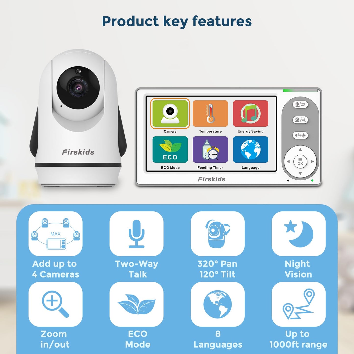 Firskids Baby Monitor, 4.3'' Split-Screen Baby Monitor with Camera and Audio, no WiFi,no APP, Two-Way Talk Night Vision ECO Mode Plug & Play, Ideal for Indoor Baby Monitoring