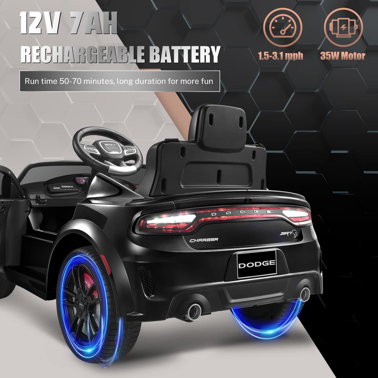 ENYOPRO 12V 7Ah Kids Electric Ride on Car, Licensed Dodge Charger SRT Hellcat, Battery Powered 4-Wheels Toy Car Electric Vehicle for Kids with Remote Control, 3 Speeds, LED Lights, Music (Black)
