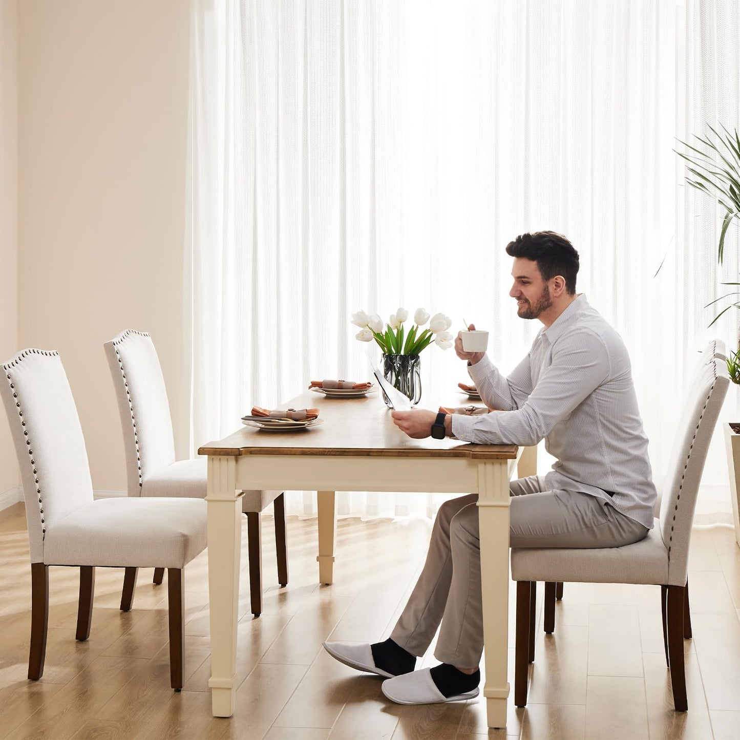 DUMOS Dining Chairs Set of 6, Fabric Dining Room Chairs, Upholstered Parsons Chairs with Nailhead Trim and Wood Legs, Kitchen Side Chair for Living Room,Bedroom, Kitchen, Beige