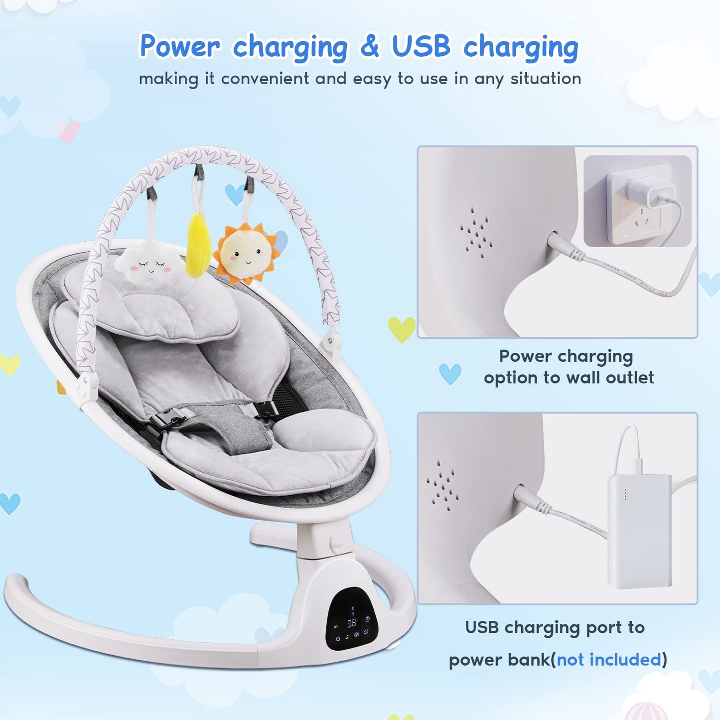 Baby Swing, Newborn Essentials Baby Must Haves Bouncer with Mat & Pillow for Infants 0-12 Months, 5 Speeds, Remote/Touch Control, Indoor & Outdoor Use