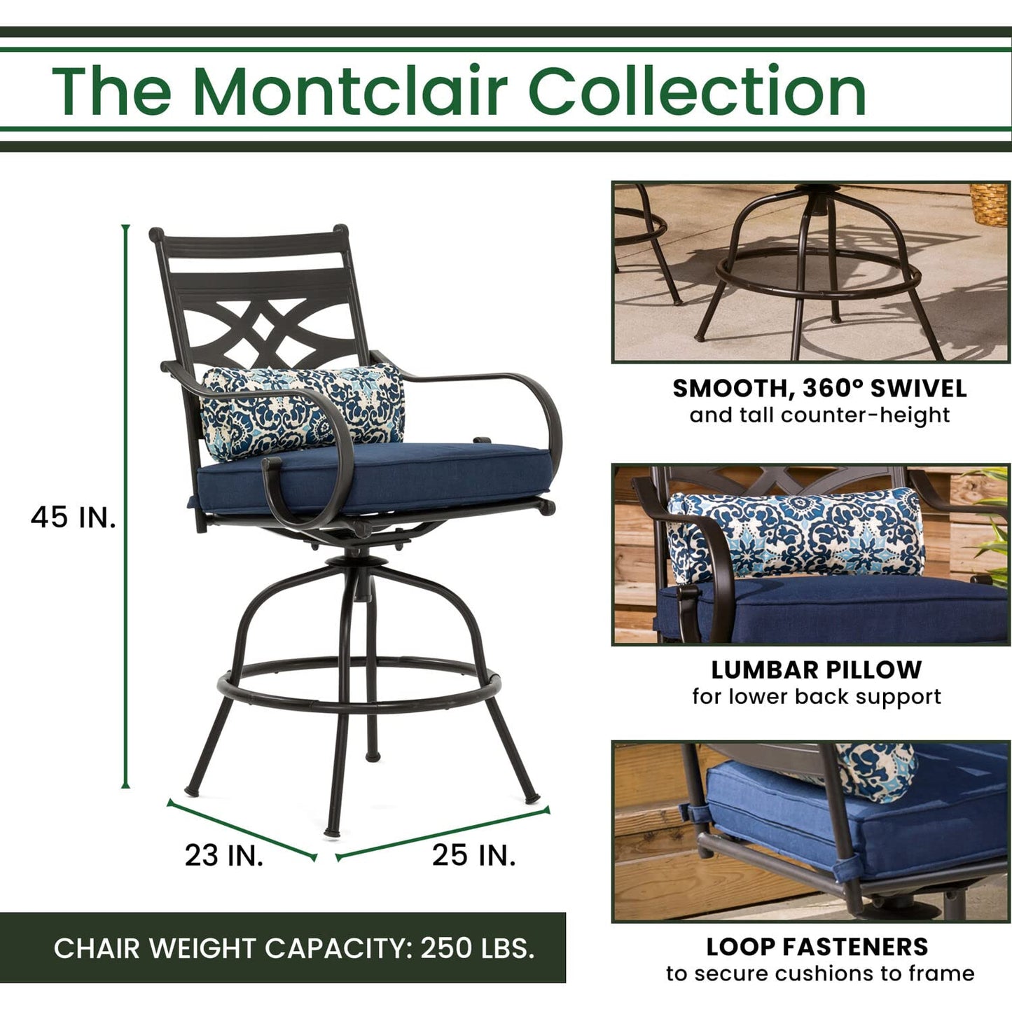 Hanover Montclair 9-Piece Outdoor Dining Set, 8 Swivel Counter-Height Chairs with Comfortable Seat and Lumbar Cushions, 60" Square Stamped Rectangle Table, All-Weather Outdoor Patio Dining Set for 8