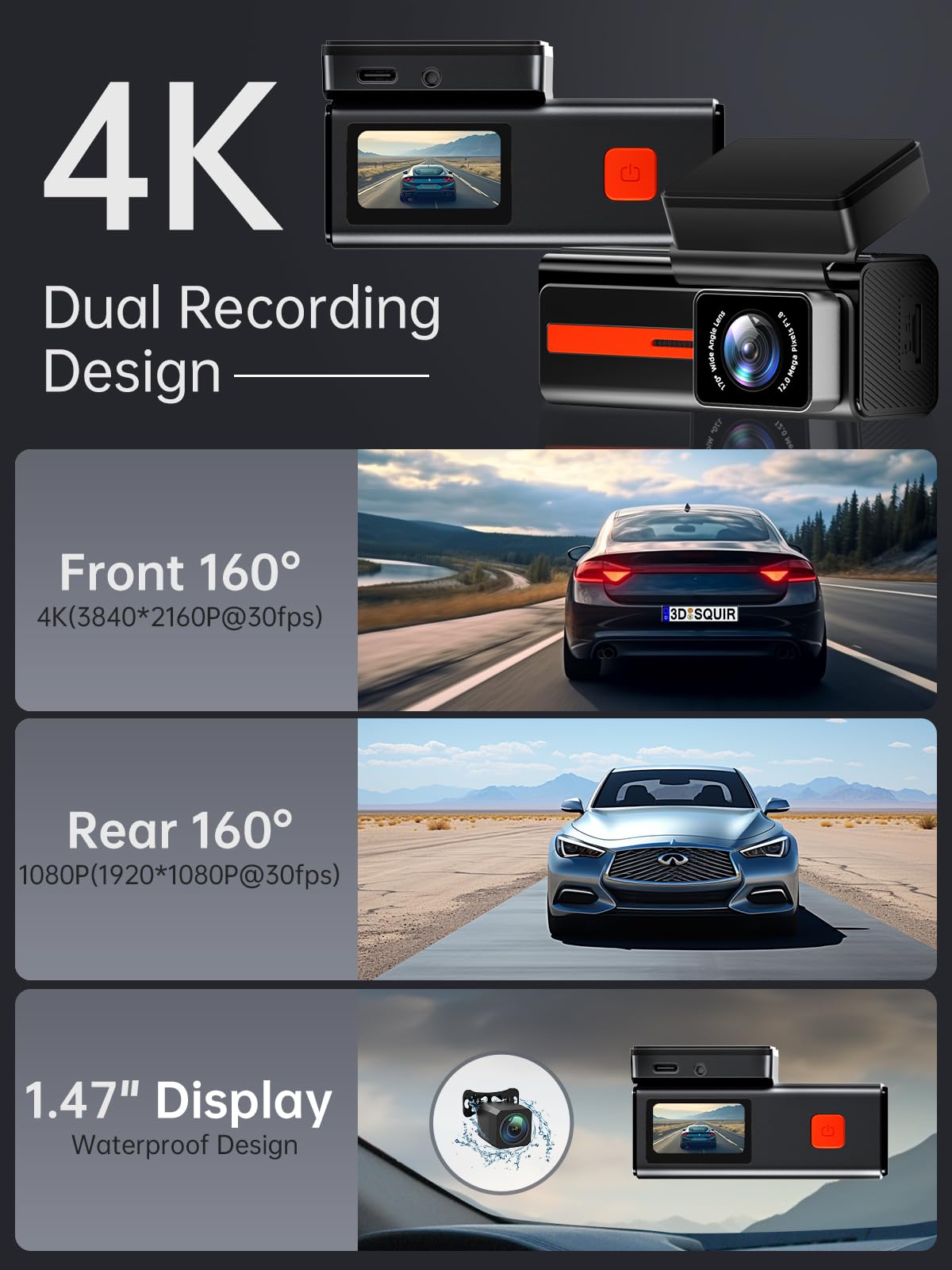 Dash Cam Front and Rear, Veement S80 4k+1080P Dual Dash Camera for Cars, WiFi Mini Car Camera,1.47” Display Dashcam,170°Wide, Night Vision,24H Parking Mode, G-Sensor,Loop Recording, Free 32G Card, App