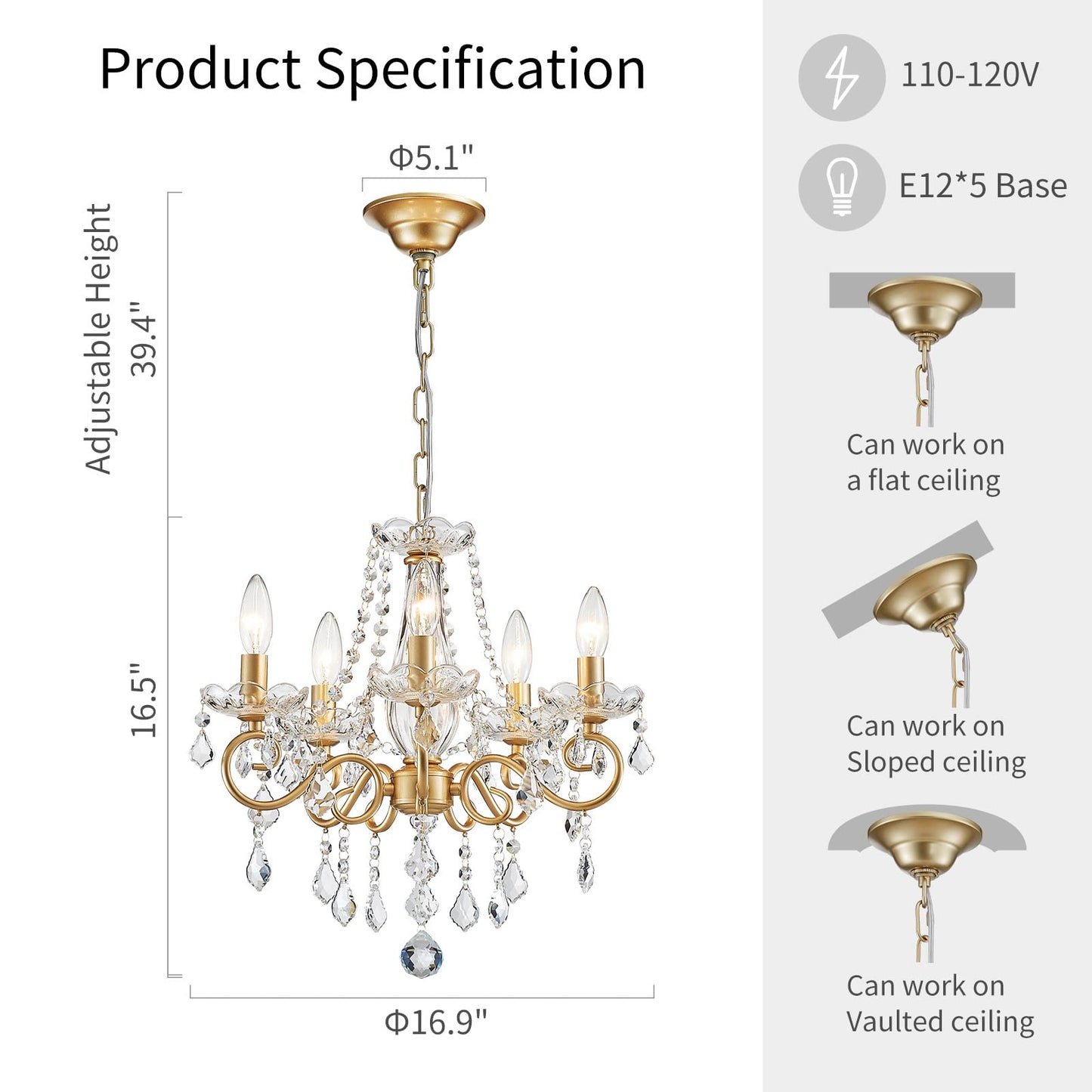 ANJIADENGSHI Mini Crystal Chandelier K9 Crystal Lighting Chandelier for Living Room 5 E12 Bulbs High 16.5 in x Diameter 16.9 in, Golden