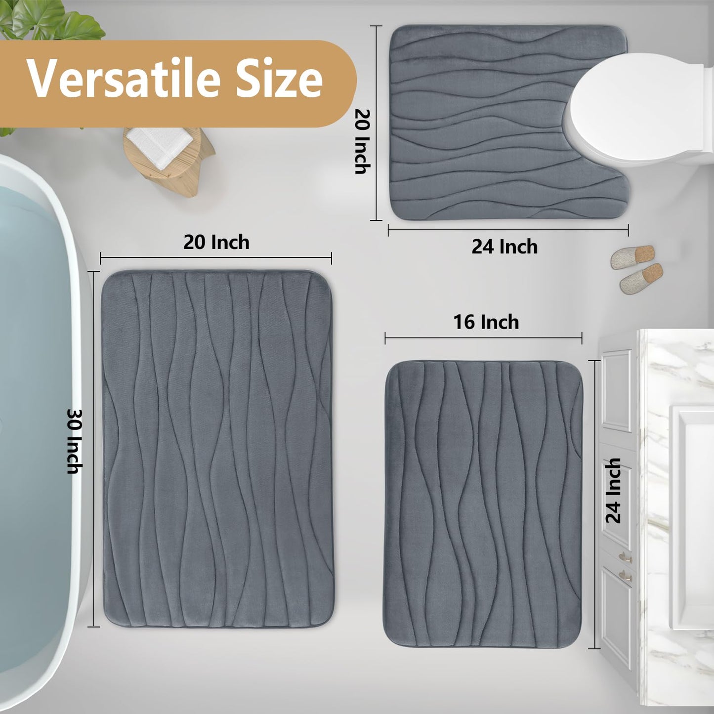 Buganda Memory Foam Bathroom Rug Mat 24x16, Extra Soft and Absorbent Bath Mats, Non-Slip and Machine Washable Bath Rugs for Bathroom Floor,Tub and Shower, Dark Grey