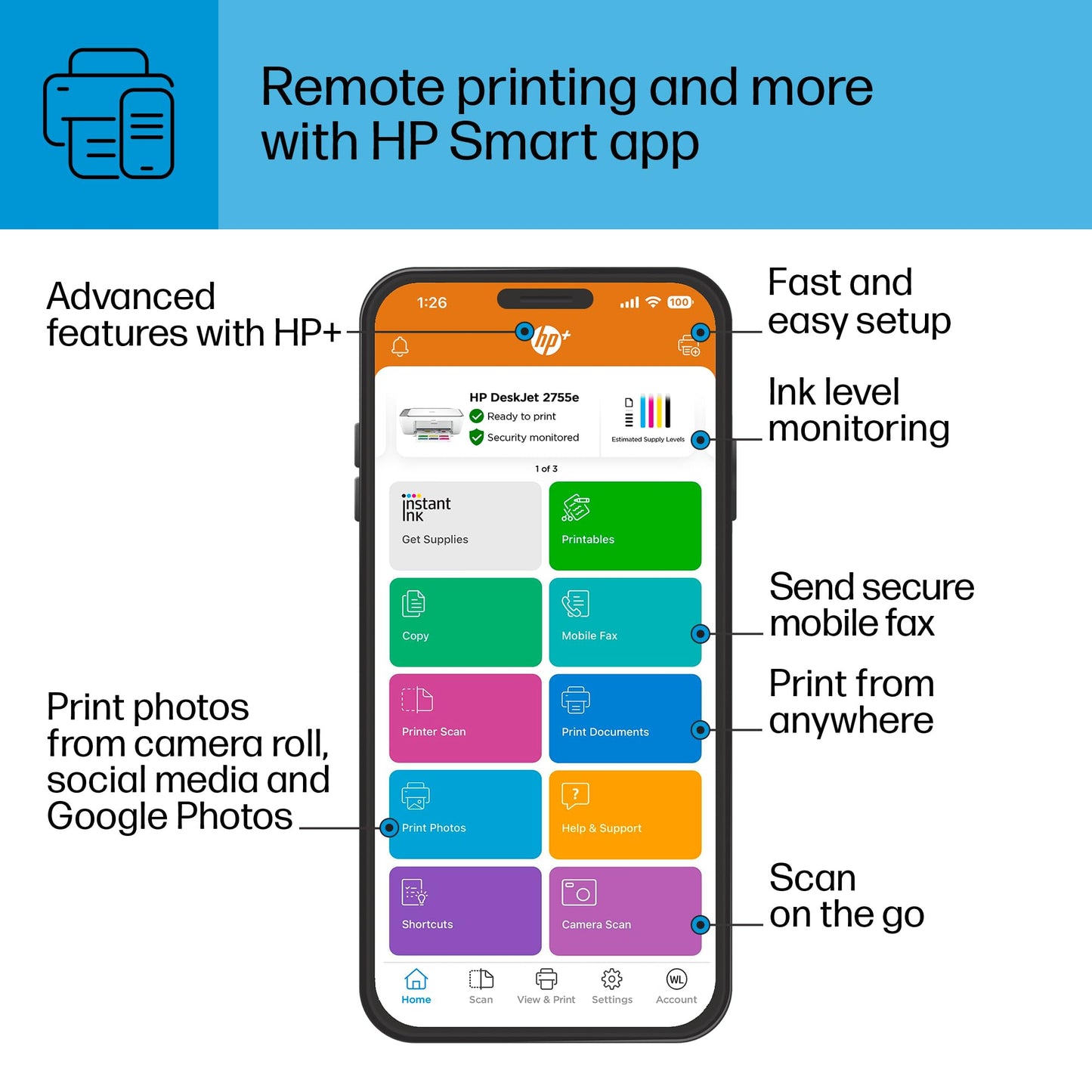 HP DeskJet 2755e Wireless Color inkjet-printer, Print, scan, copy, Easy setup, Mobile printing, Best-for home, Instant Ink with HP+,white