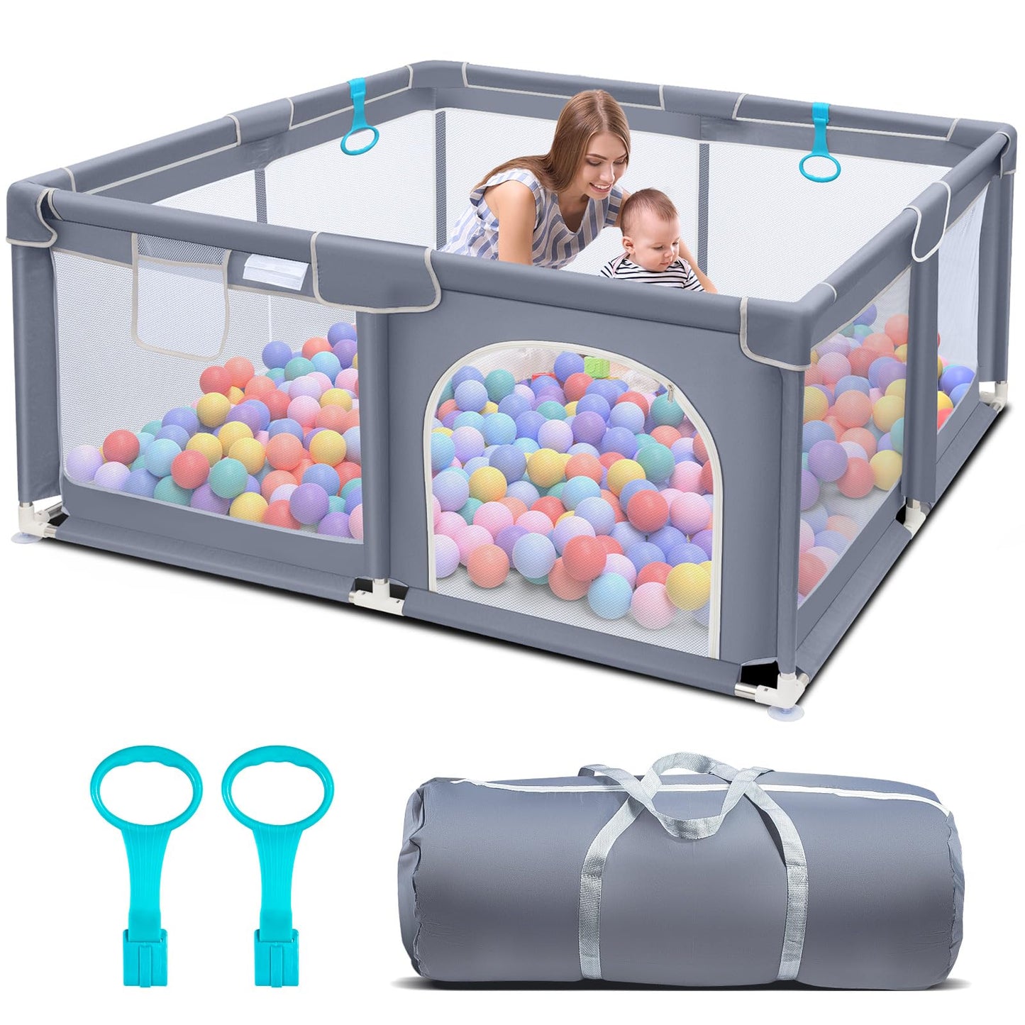 Suposeu Baby Playpen, Large Indoor and Outdoor Playard, Play Pens for Kids Activity Center, Sturdy Safety Baby Fence with Soft Breathable Mesh for Toddler (50 Inch×50 Inch, Grey)