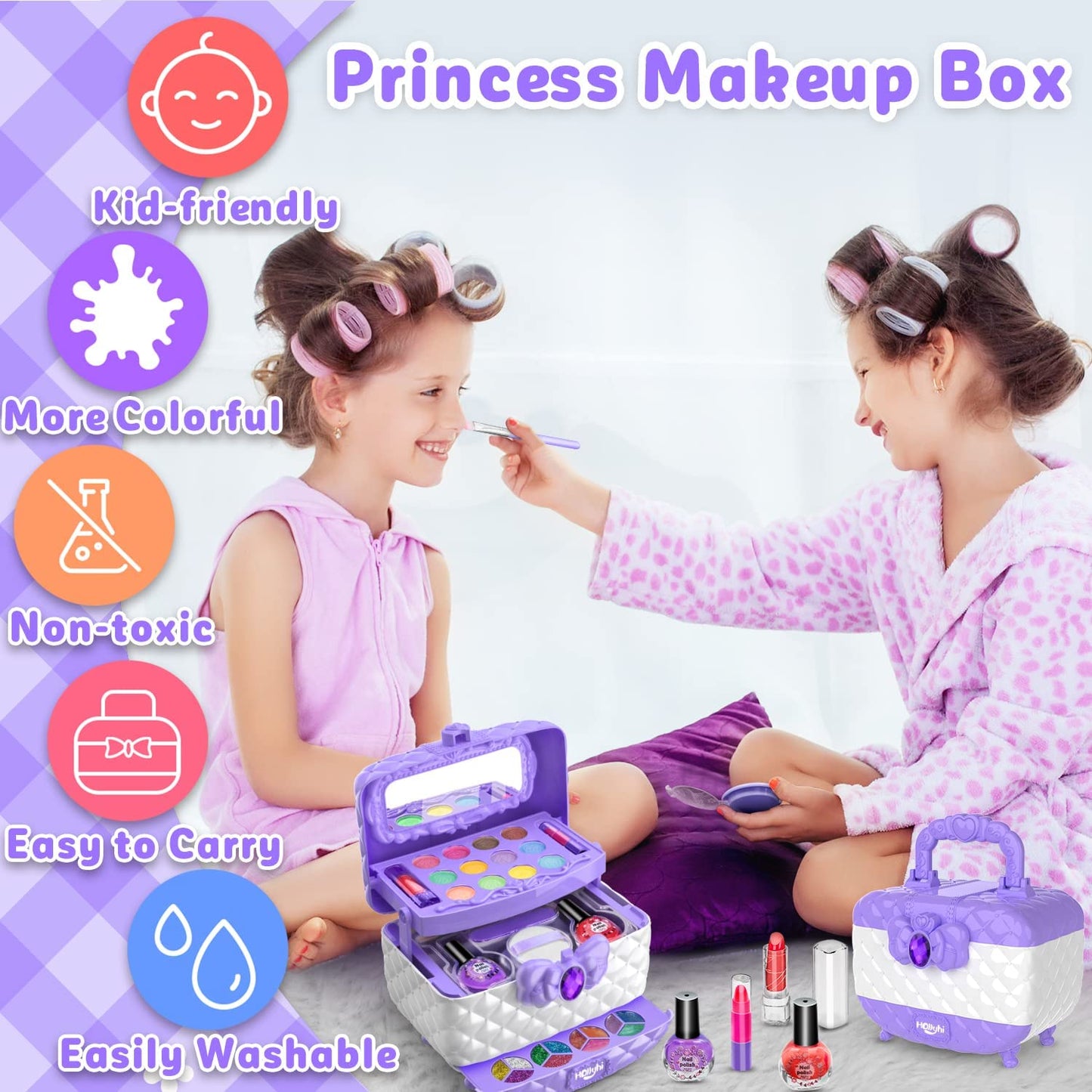 Hollyhi Kids Makeup Kit for Girl, Washable Makeup Set Toy with Real Cosmetic Case for Little Girl, Pretend Play Makeup Beauty Set Birthday Toys Gift for 3 4 5 6 7 8 9 10 Years Old Kid (Purple)