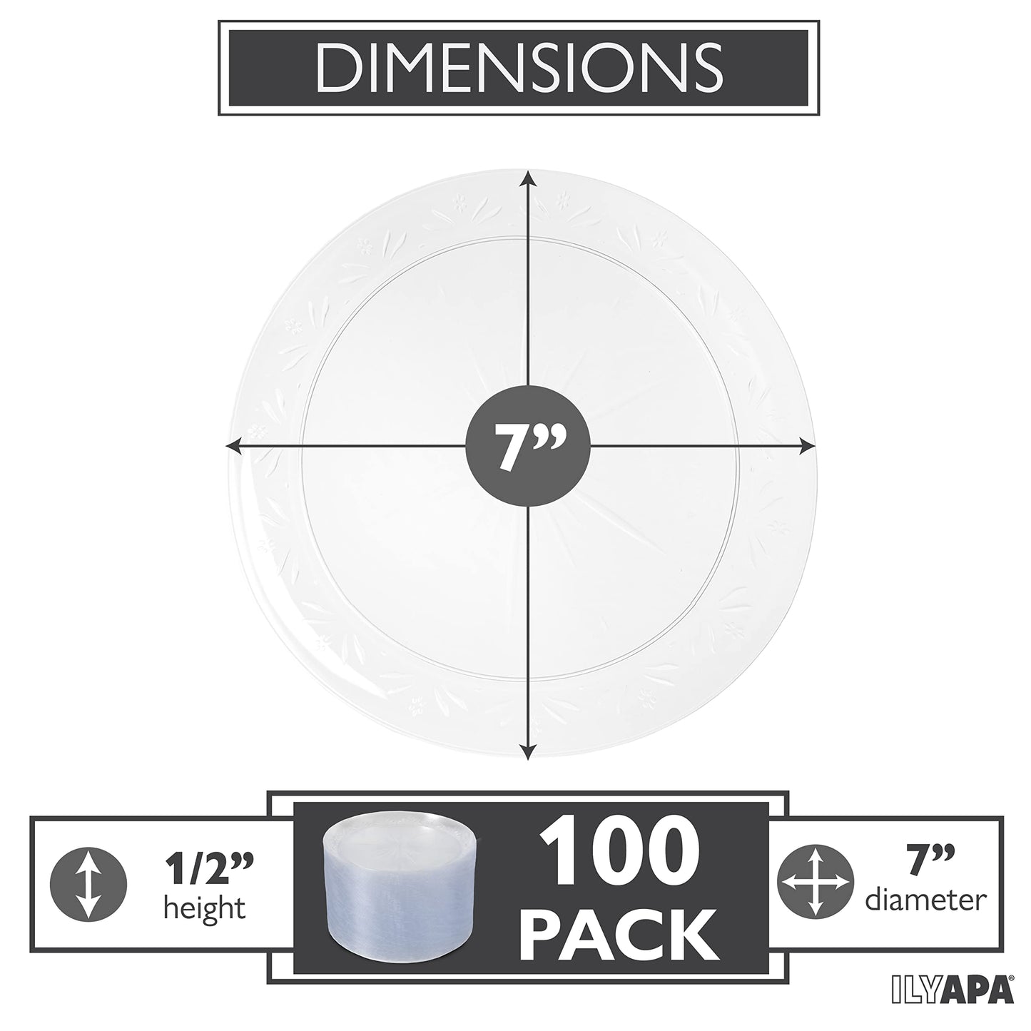 Ilyapa 100 Pack 7 Inch Disposable Dessert Plates, Plastic Clear Party Plates Sets for 100 Guests, Clear Appetizer plates 7 Inch, Cake Plates 7", Party & Dinner Accessories, Midsommar Flower
