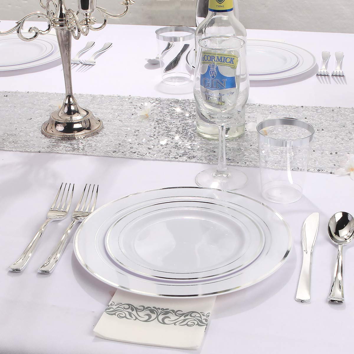 I00000 300 Pieces Silver Plastic Plates with Disposable Silverware, Fancy Tableware Sets include 60 Dinner Plates 10.25", 60 Salad Plates 7.5", 60 Forks, 60 Knives and 60 Spoons Serve for 60 Guest