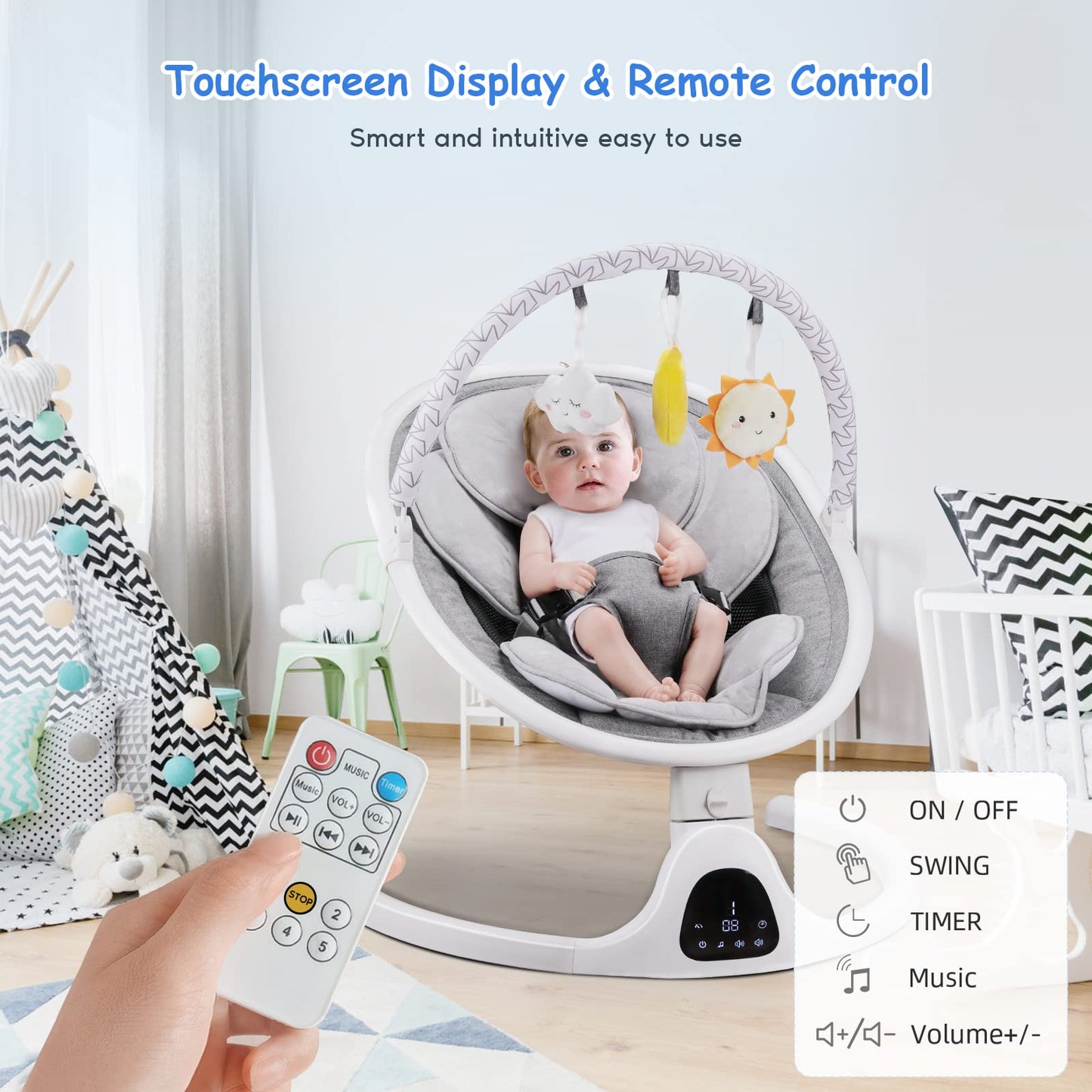 Baby Swing, Newborn Essentials Baby Must Haves Bouncer with Mat & Pillow for Infants 0-12 Months, 5 Speeds, Remote/Touch Control, Indoor & Outdoor Use