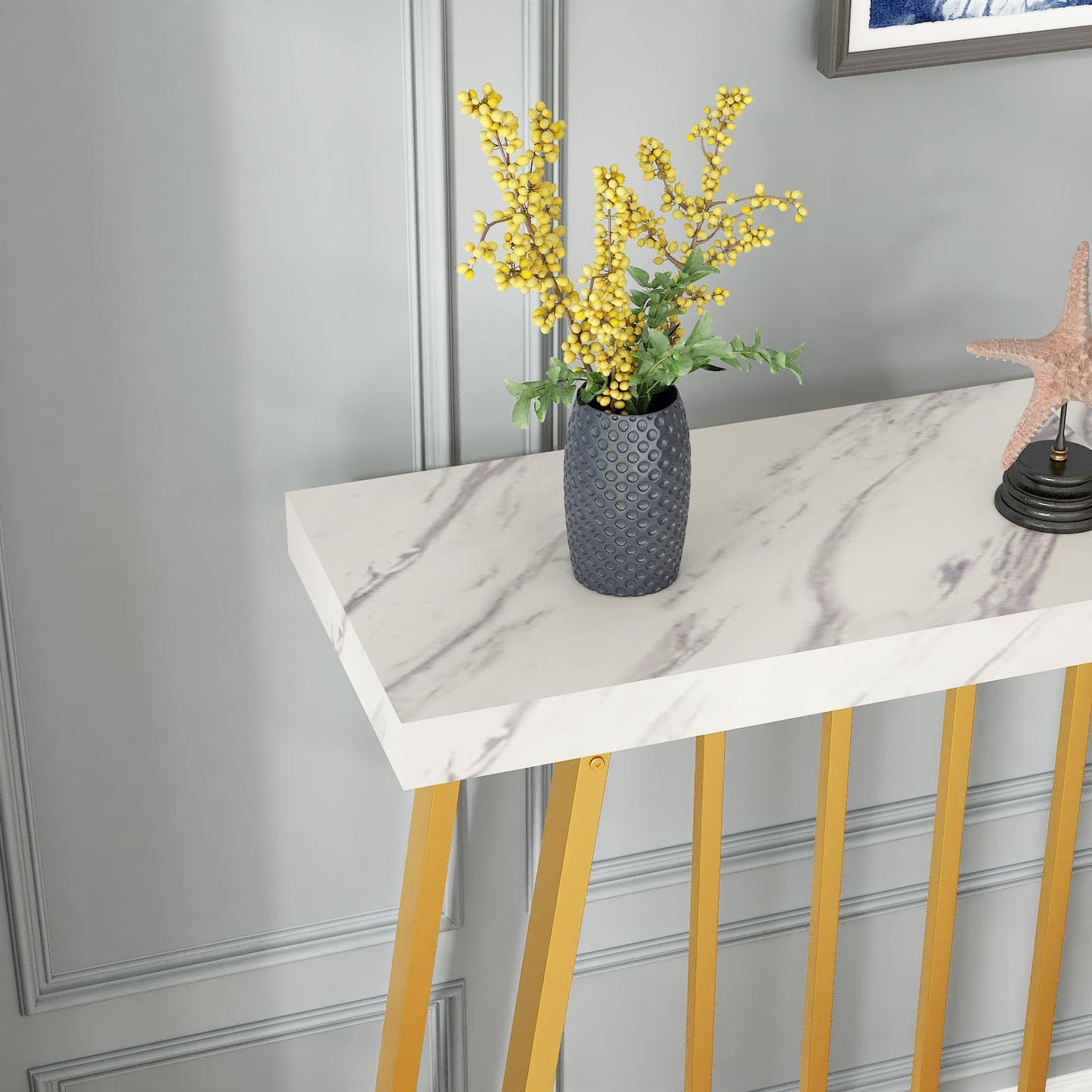 HDDDZSW Gold Entryway Table, Modern 40 inch Faux Marble Narrow Sofa Table Entry Way Table with Geometric Metal Legs for Living Room, Console Tables for Entryway, Hallyway, Entrance