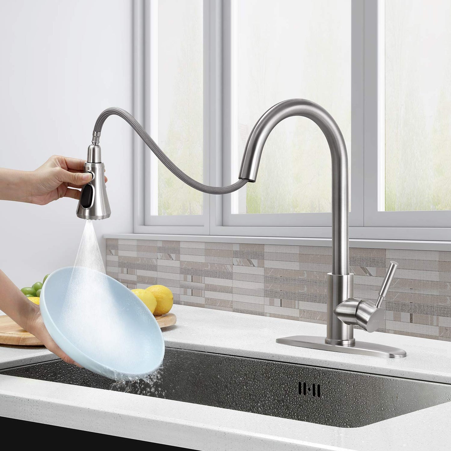 SOKA Commercial Kitchen Faucet with Pull Down Sprayer RV Touch Faucet for Kitchen Sink Singel Handle Travel Trailer Brushed Nickel Kitchen Faucet High Arc Fit for 1 & 3 Hole with Desk Plate