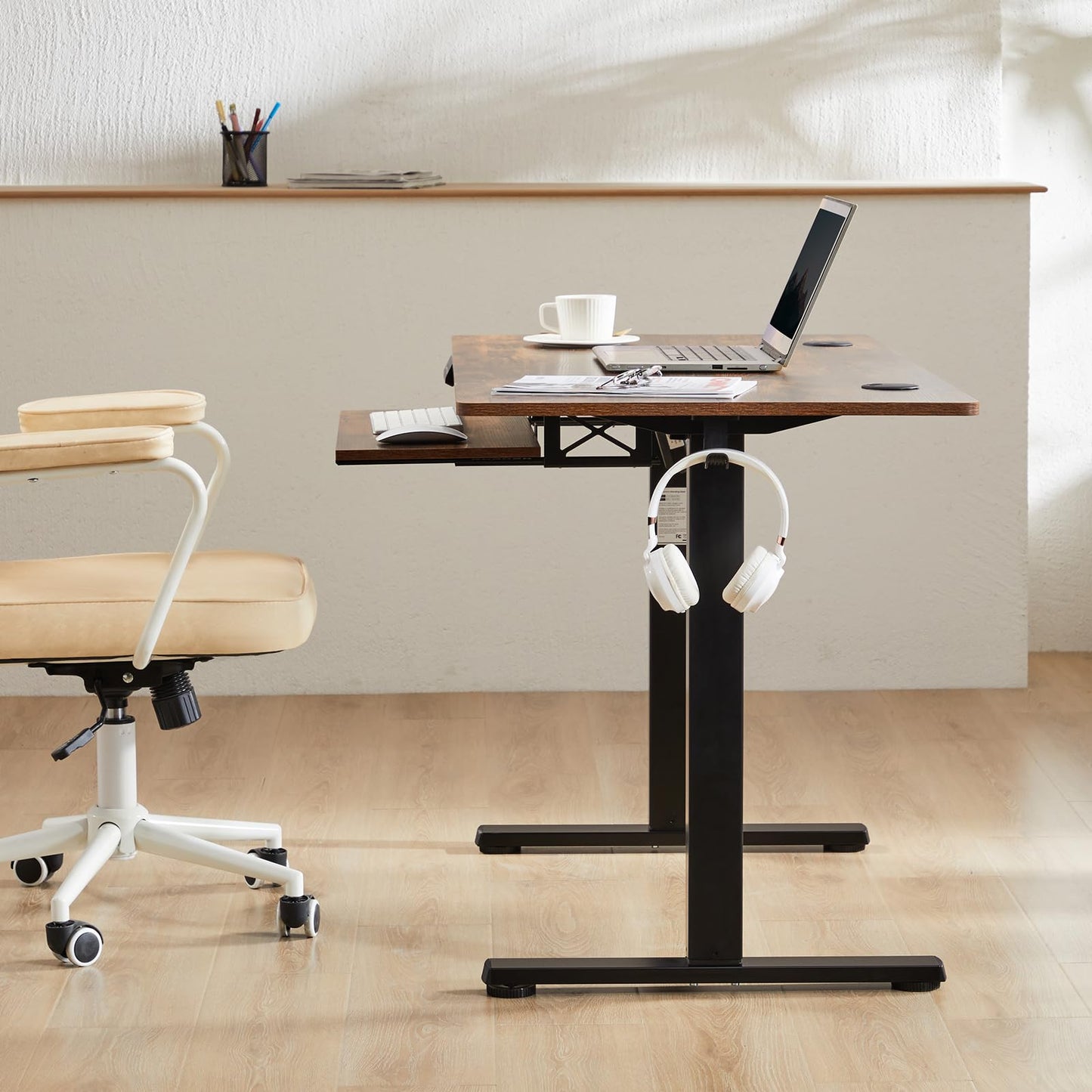 Standing Desk with Keyboard Tray, 48 x 24 Inches Electric Desk Adjustable Height, Ergonomic Adjustable Desk with Memory Preset, Computer Desk Stand Up Desk Suitable for Home Office, Rustic Brown