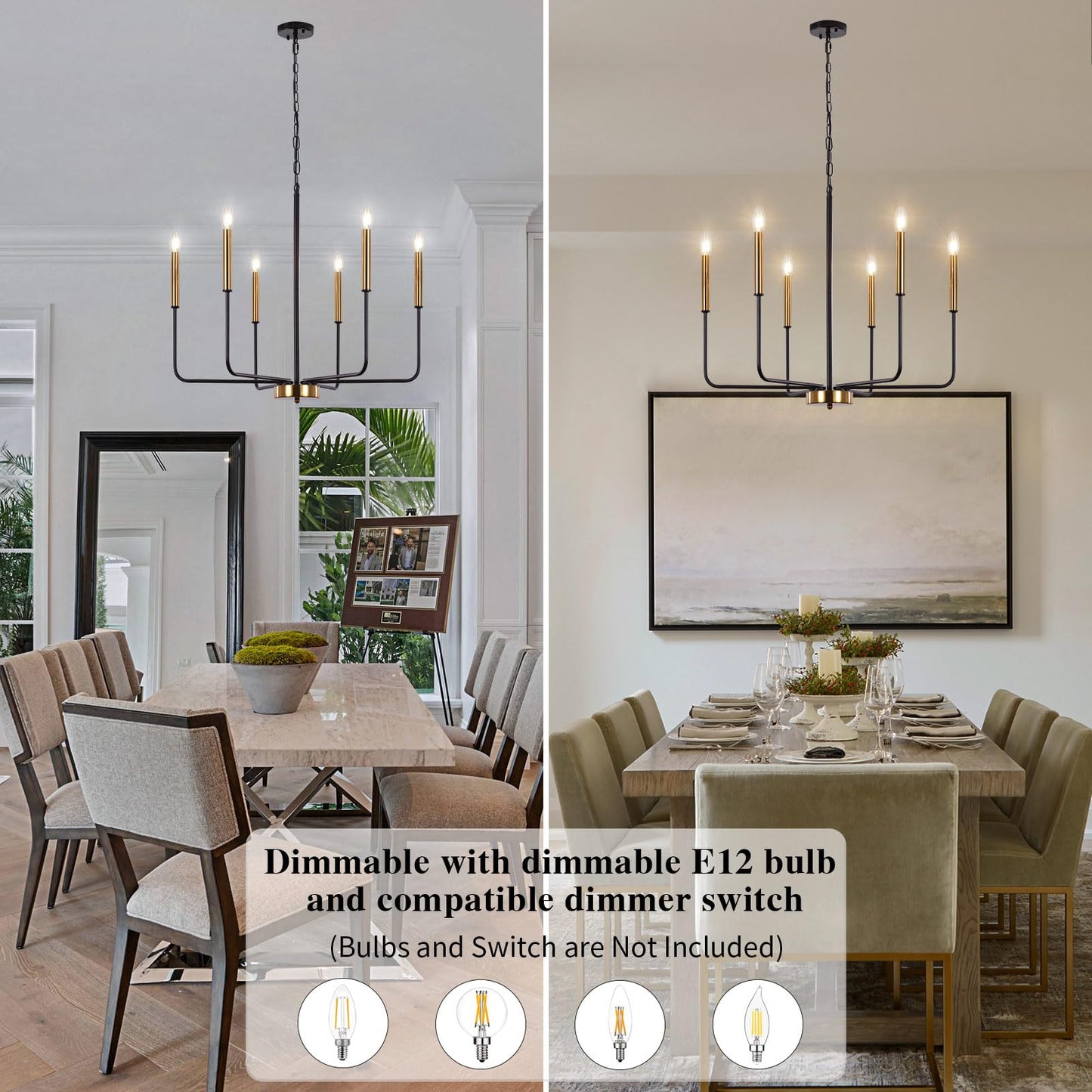ETONIMERR Modern Farmhouse Chandelier Light Fixture Ceiling Hanging, 6-Light Black and Gold Industrial Chandelier for Dining Room, Rustic Candle Pendant Light for Kitchen Island, Living Room
