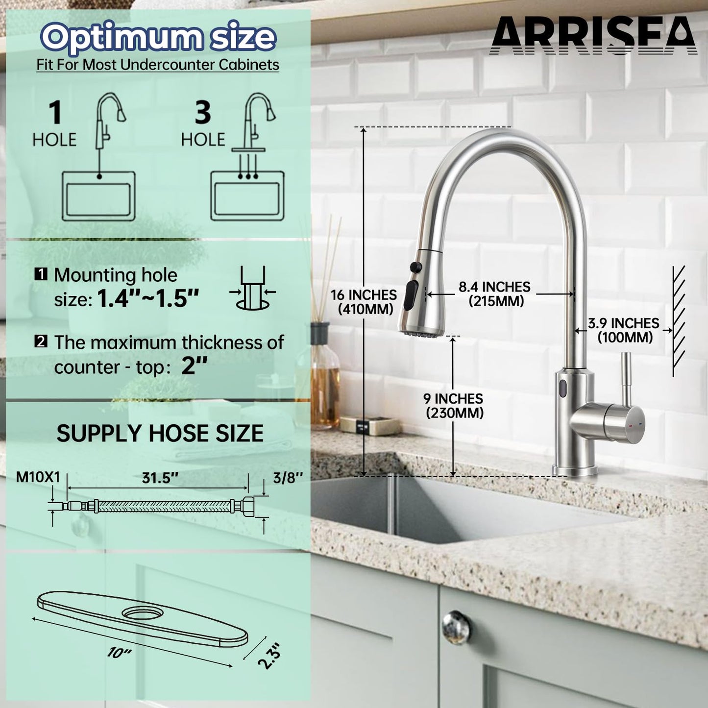 ARRISEA Kitchen Faucet, Laundry Faucets with Sprayer, Bar and RV Sink Faucet with 10'' Deck Plate, Stainless Steel Single Handle High Arc Brushed Nickel Faucets with Pull-Down Spayer
