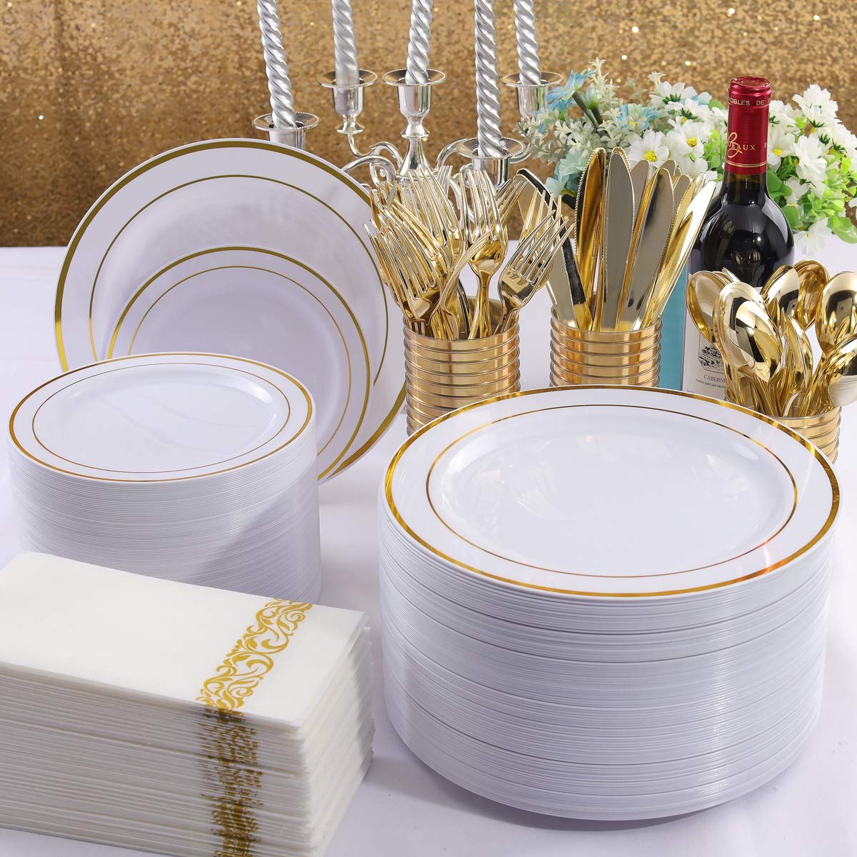 I00000 300 Pcs Gold Plastic Plates with Gold Silverware, White&Gold Plastic Dinnerware Set for Party include: 60Dinner Plates 10.25", 60Dessert Plates 7.5", 60 Gold Silverware Sets