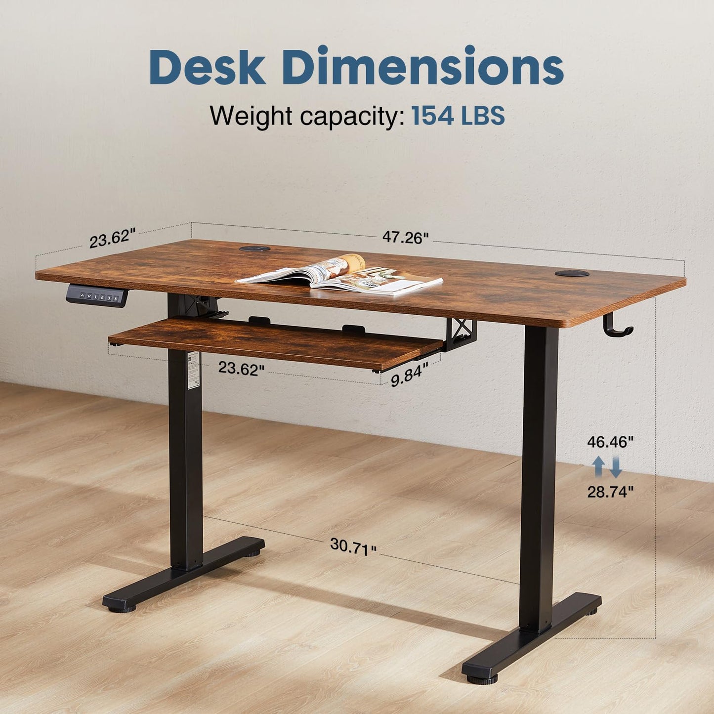 Standing Desk with Keyboard Tray, 48 x 24 Inches Electric Desk Adjustable Height, Ergonomic Adjustable Desk with Memory Preset, Computer Desk Stand Up Desk Suitable for Home Office, Rustic Brown