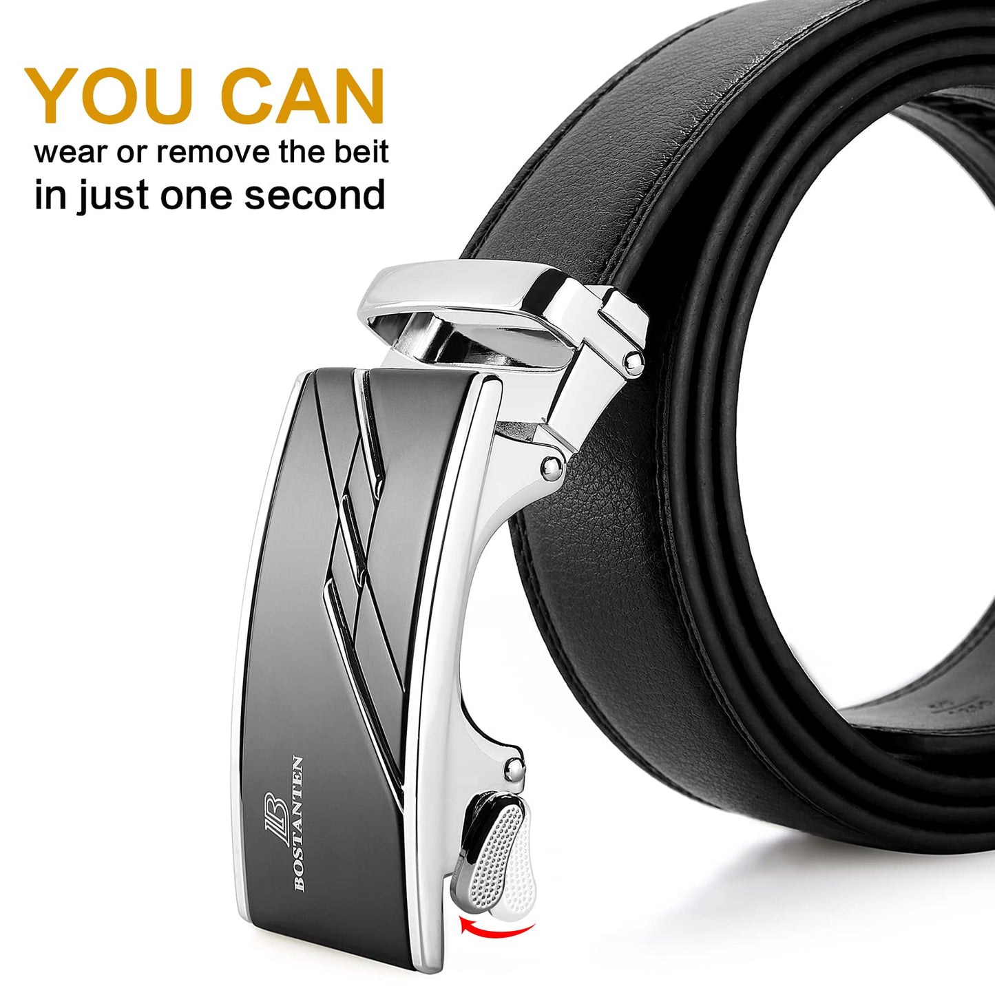 BOSTANTEN Belt for Men Leather Ratchet Dress Belt with Automatic Sliding Buckle 1 3/8", Trim to Fit