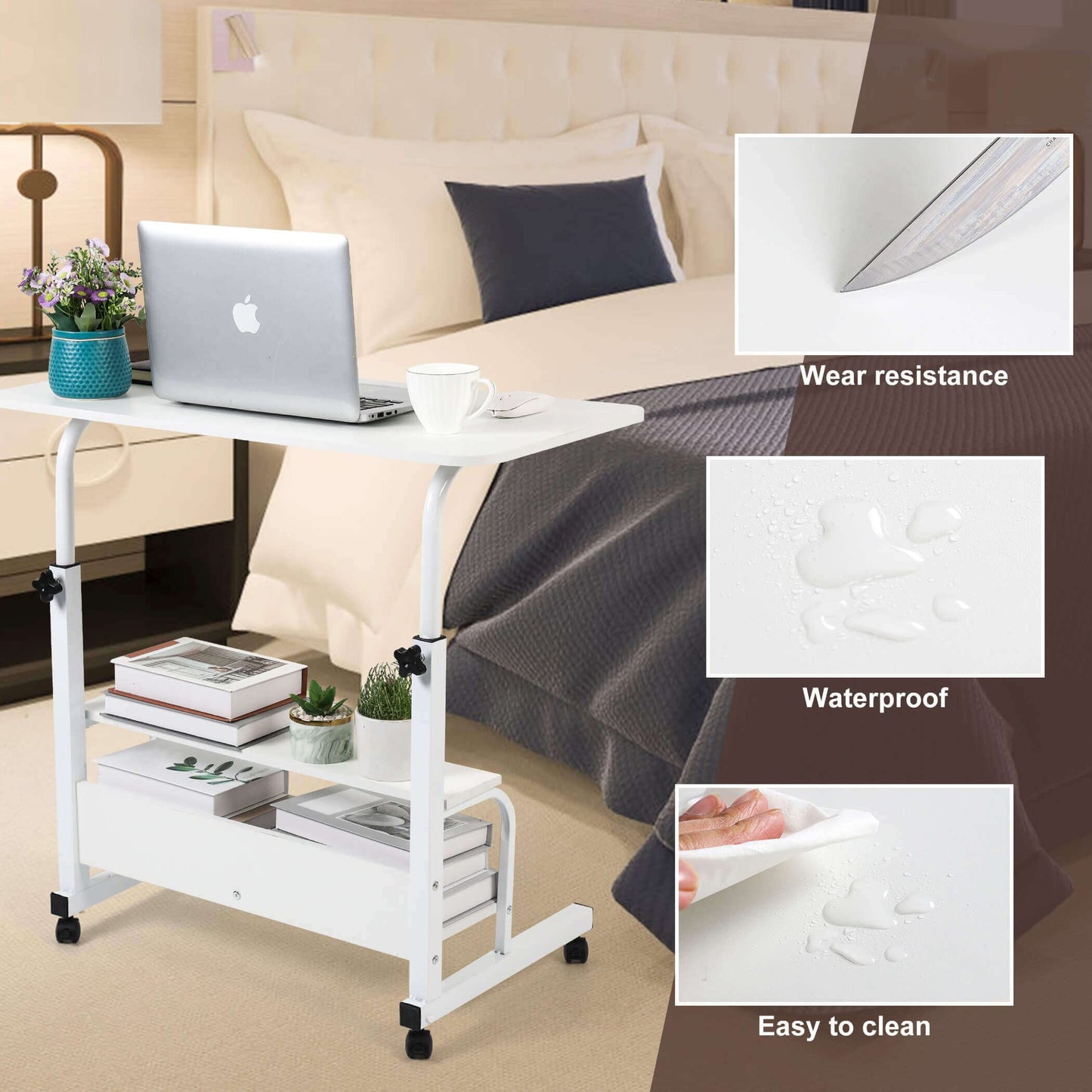 Bedroom Bedside Storage Rack Table Small Spaces Home Office Desk Height Adjustable Home Office Desk Multifunctional Table with Wheels Minimalist Portable Laptop Gaming Desk Size 15.7*31.5 Inch White