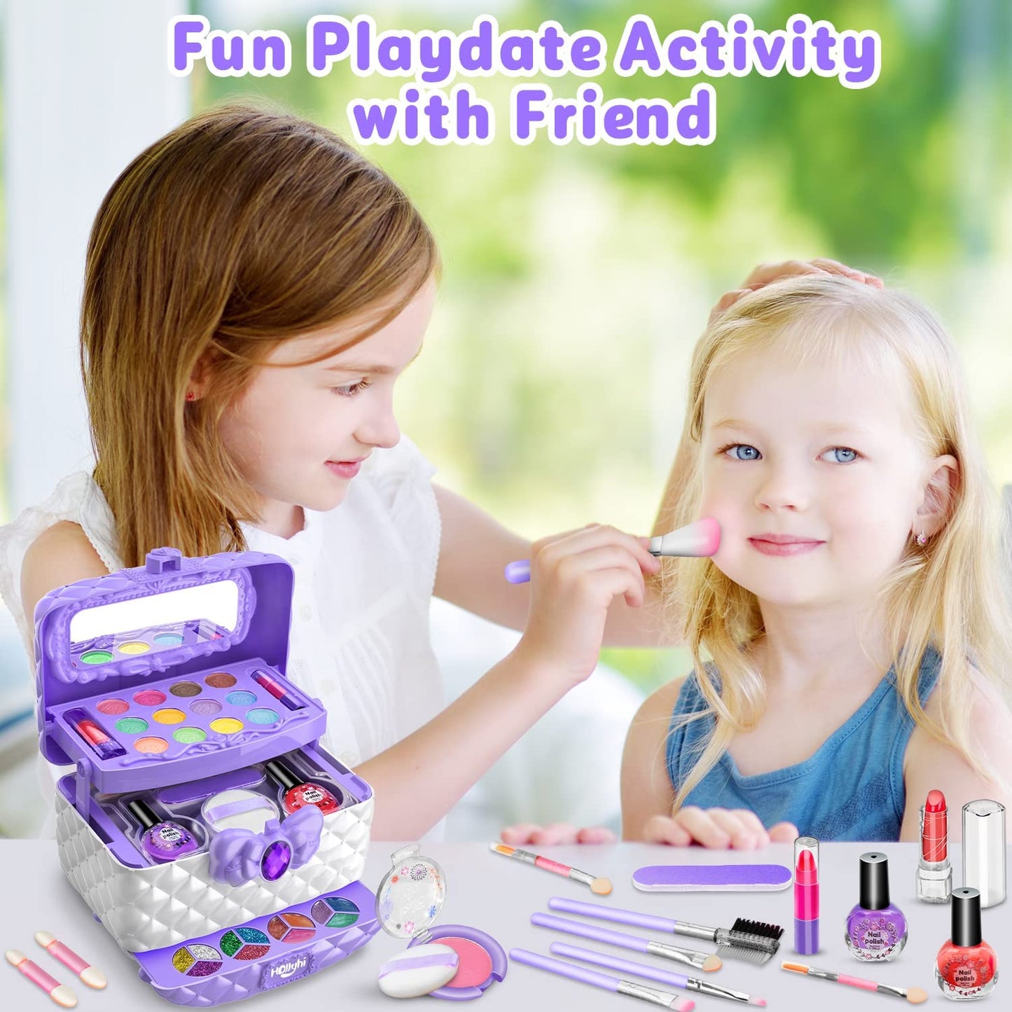 Hollyhi Kids Makeup Kit for Girl, Washable Makeup Set Toy with Real Cosmetic Case for Little Girl, Pretend Play Makeup Beauty Set Birthday Toys Gift for 3 4 5 6 7 8 9 10 Years Old Kid (Purple)