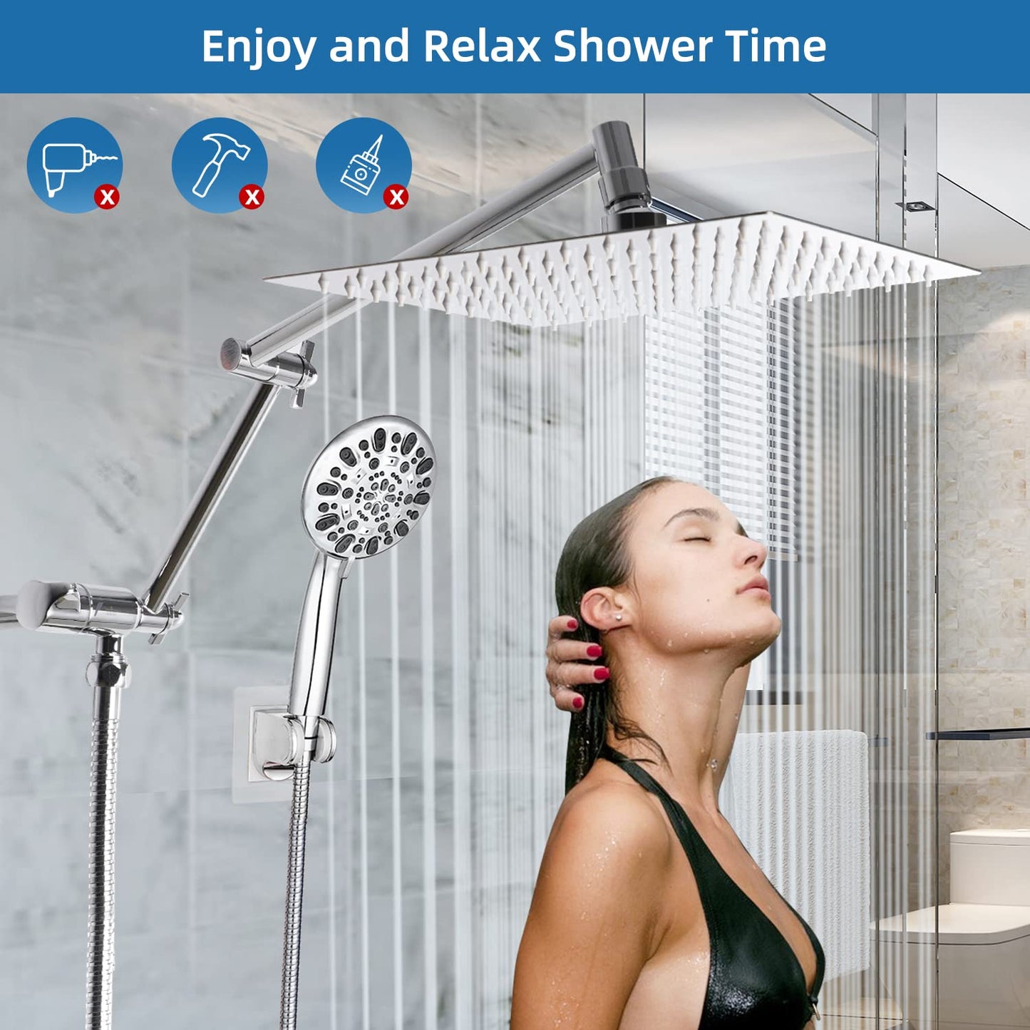 Hygie Rinse All Metal 10 Inches Rainfall Shower Head with 7-Spray Handheld Spray Combo, Adjustable Folded Extension Arm, 71 Inch Stainless Steel Shower Hose and 3 Settings Diverter, Chrome