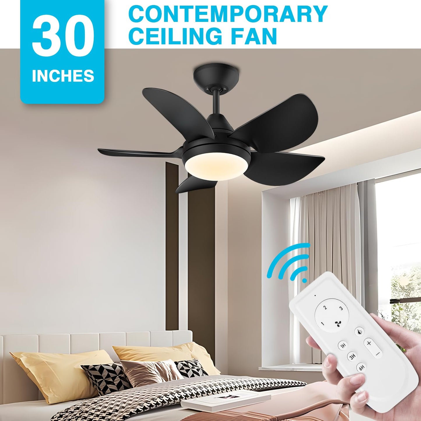 CJOY Small Ceiling Fan with Light, 30 Inch Black Modern Ceiling Fans with Lights and Remote, LED Dimmable & Memory Function, 5 Reversible Blades Fan Light for Bedroom/Kitchen/Small Space
