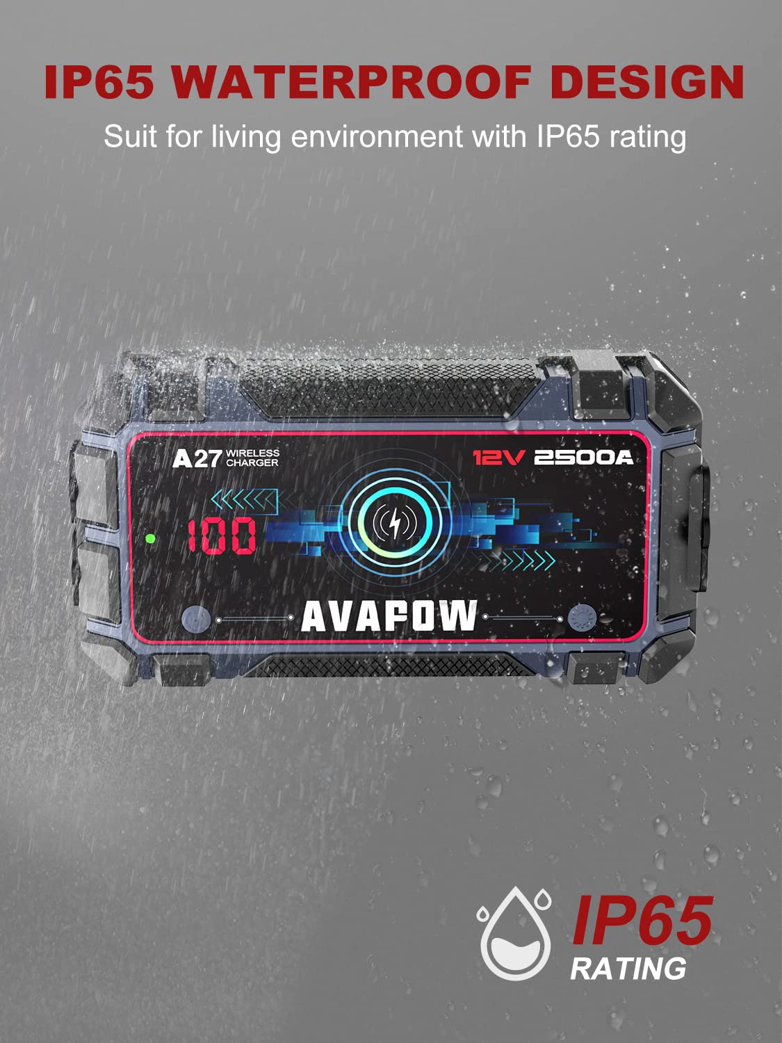 AVAPOW Jump Starter Car Battery 2500A Peak,Portable Jump Starters for Up to 8L Gas 8L Diesel Engine with Booster Function,Wireless Charging Design,12V Lithium Jump Pack with Smart Safety Clamp, IP65