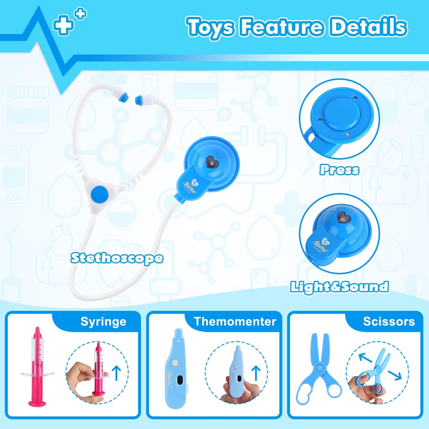 Doctor Kit Toy for Kids Pretend Play Doctor Playset, Toddlers Toys Medical Set for Dress Up Preschool Role Play Birthday Gifts Boy Age 3 4 5 6 7 Year Old Educational Doctor Costume Kits Role Play Blue