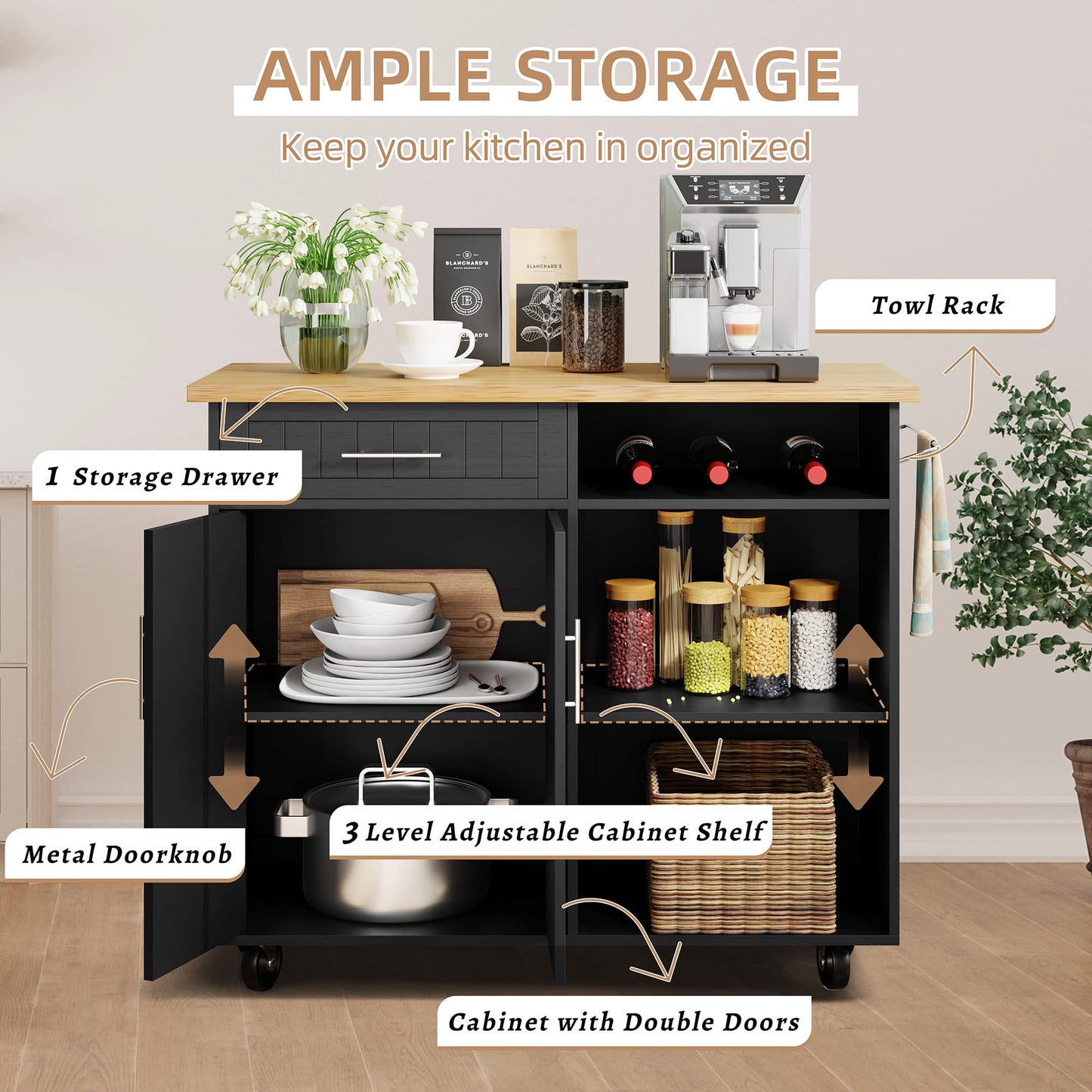 Shintenchi Kitchen Island Cart with Storage,Rolling Kitchen Island Side Table on Wheels with Large Worktop,Storage Cabinet,Towel Rack and Drawers for Kitchen,Dinning Room,Black