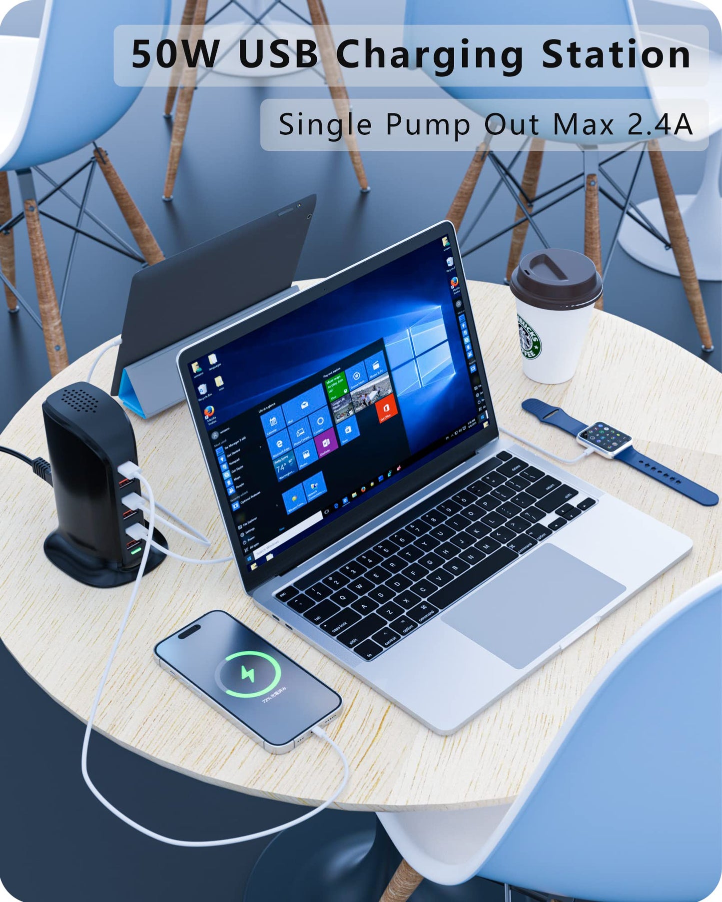 VPSUN USB Charger 6 Port 50W Multi USB Tower Charging Station for Multiple Devices iPhone 15/14/14 Pro/14 Pro Max/13 Pro/13 Pro Max/Android/Samsung/Tablet,etc(Black USB)