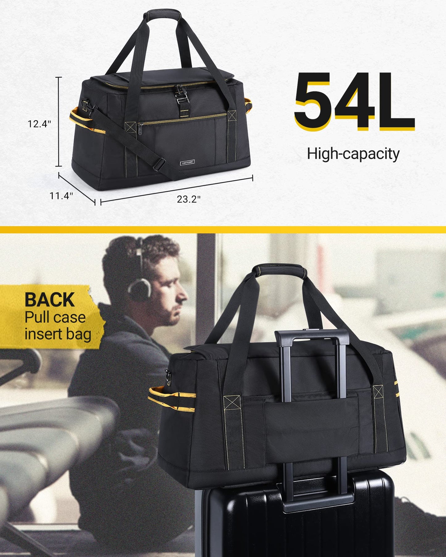 Carry on Bag, LIGHT FLIGHT 54L Large Travel Duffel Bags, Wide Open Weekender Overnight Bag, Heavy Duty Duffle Bag with Backpack Straps, Wet Pocket-Black