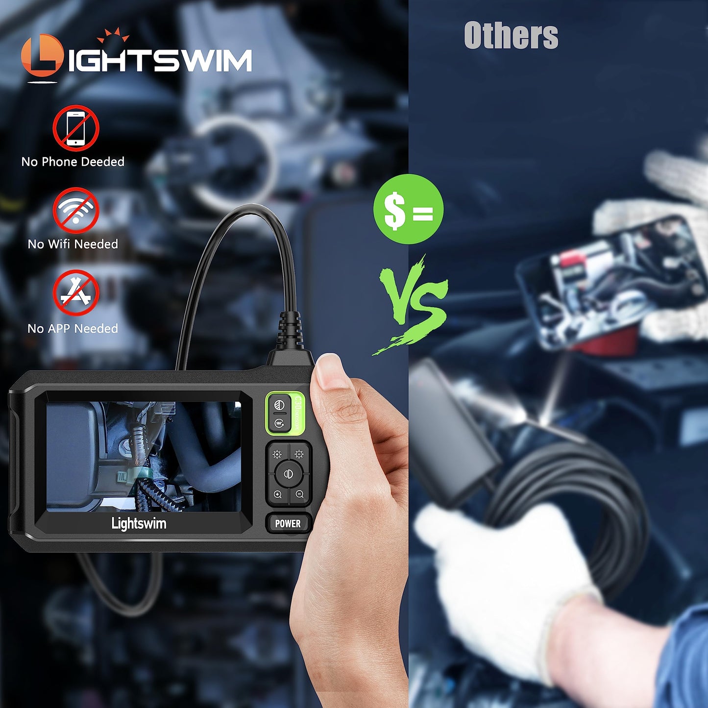 Lightswim Industrial Endoscope Inspection Camera, 4.3" IPS Borescope Sewer Camera with Handheld IP67 Waterproof Snake Camera with 8 LED Lights 16.5FT Semi-Rigid Cable